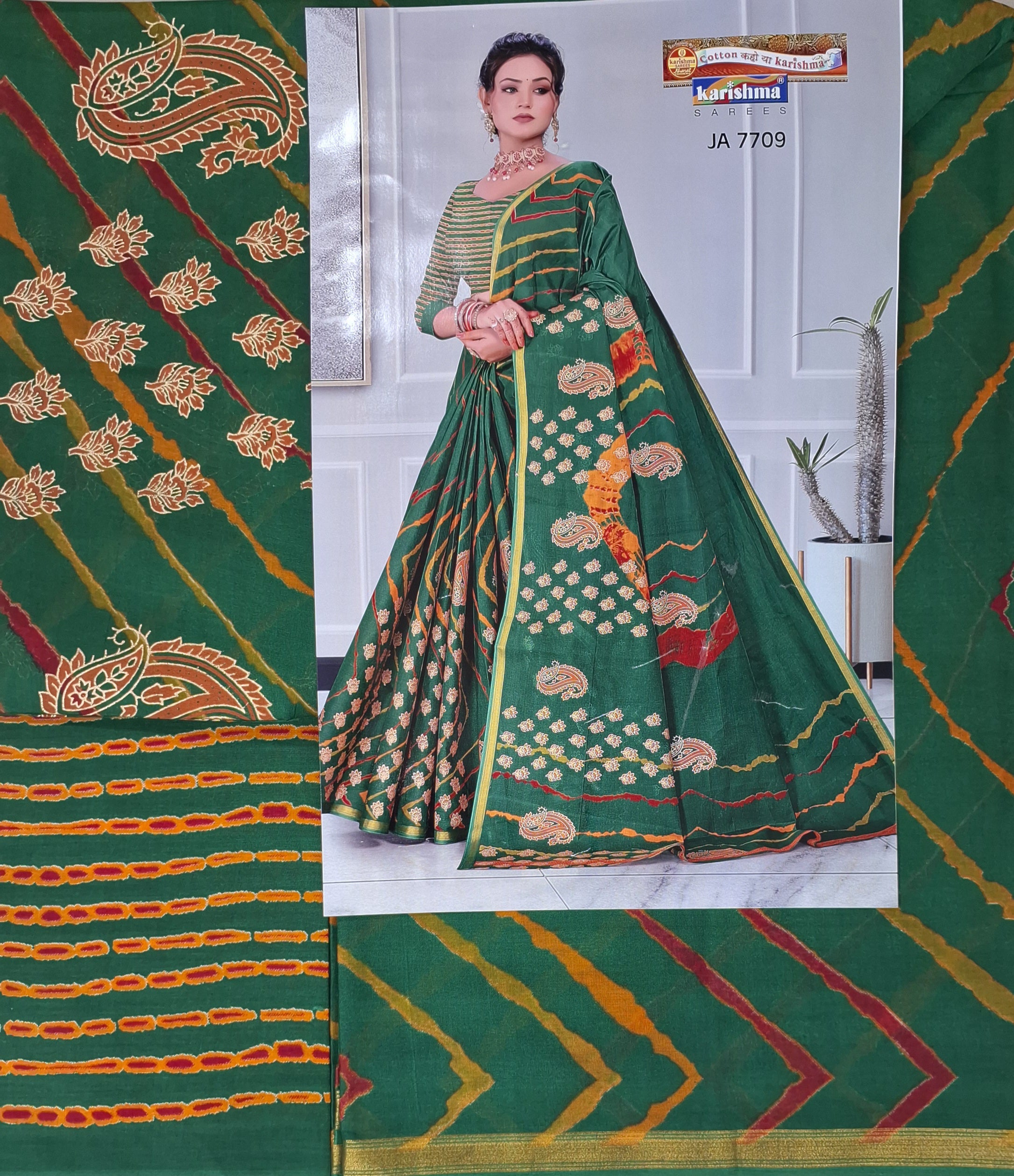 Green Tie Dye Leheriya Design Festive Gold Zari Design Border Printed Pure Cotton Saree