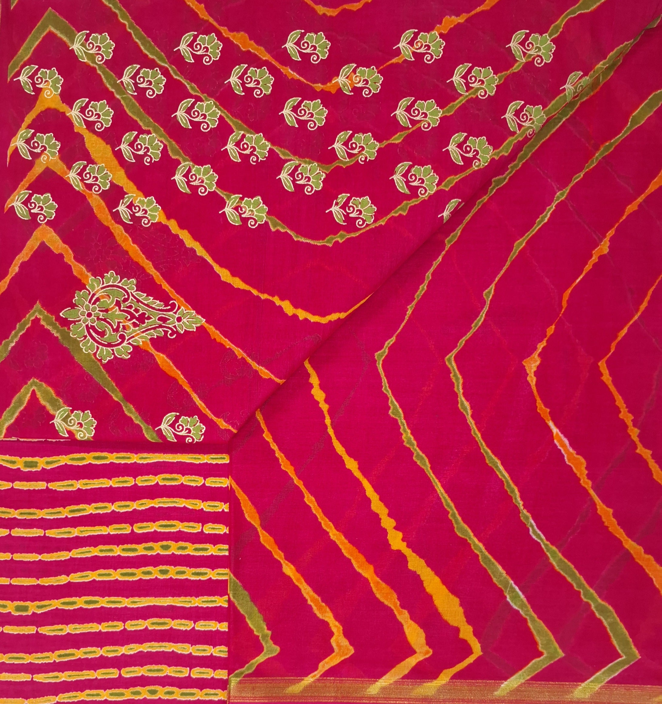 Pink Tie Dye Leheriya Design Festive Gold Zari Design Border Printed Pure Cotton Saree