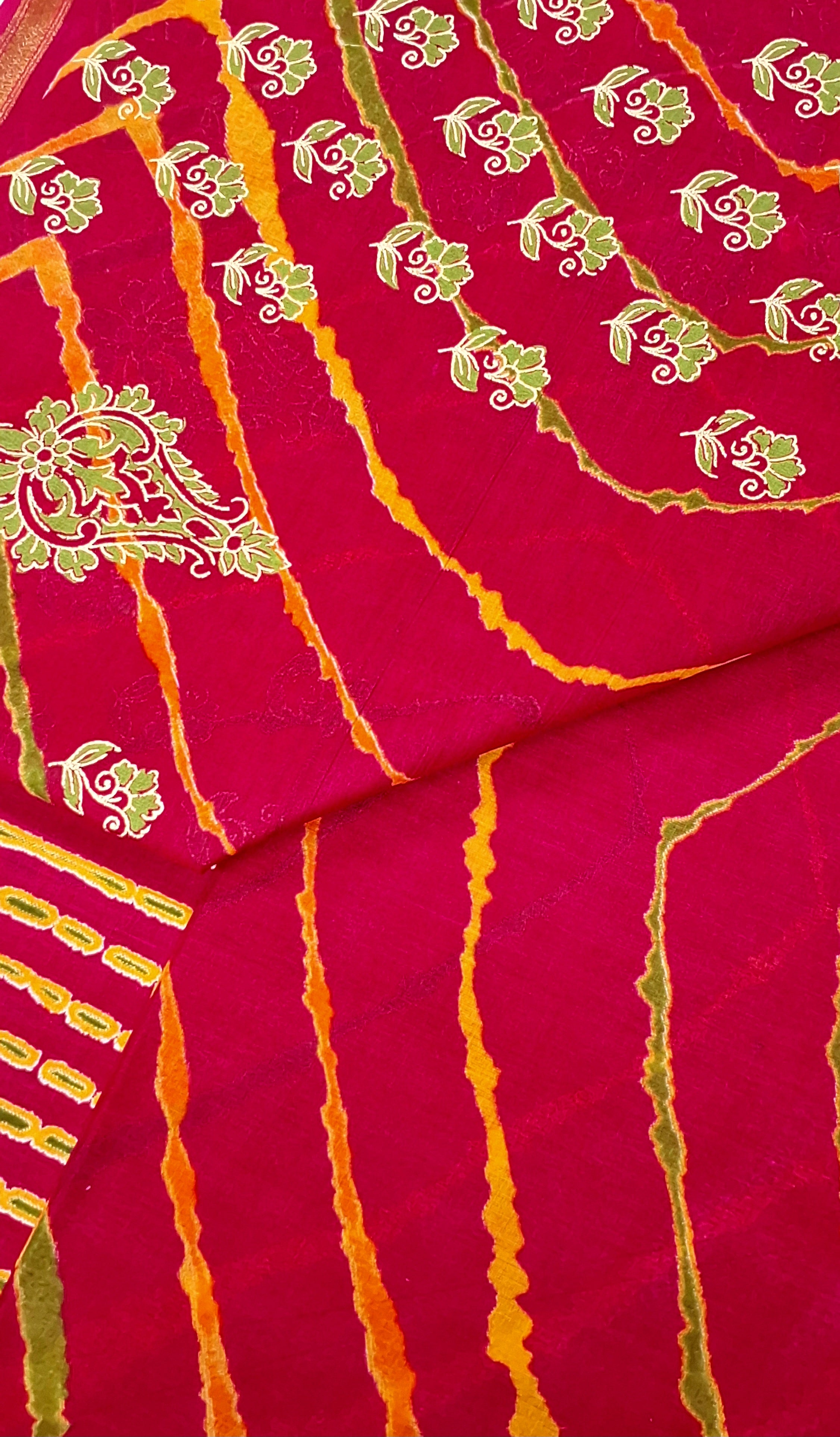 Pink Tie Dye Leheriya Design Festive Gold Zari Design Border Printed Pure Cotton Saree