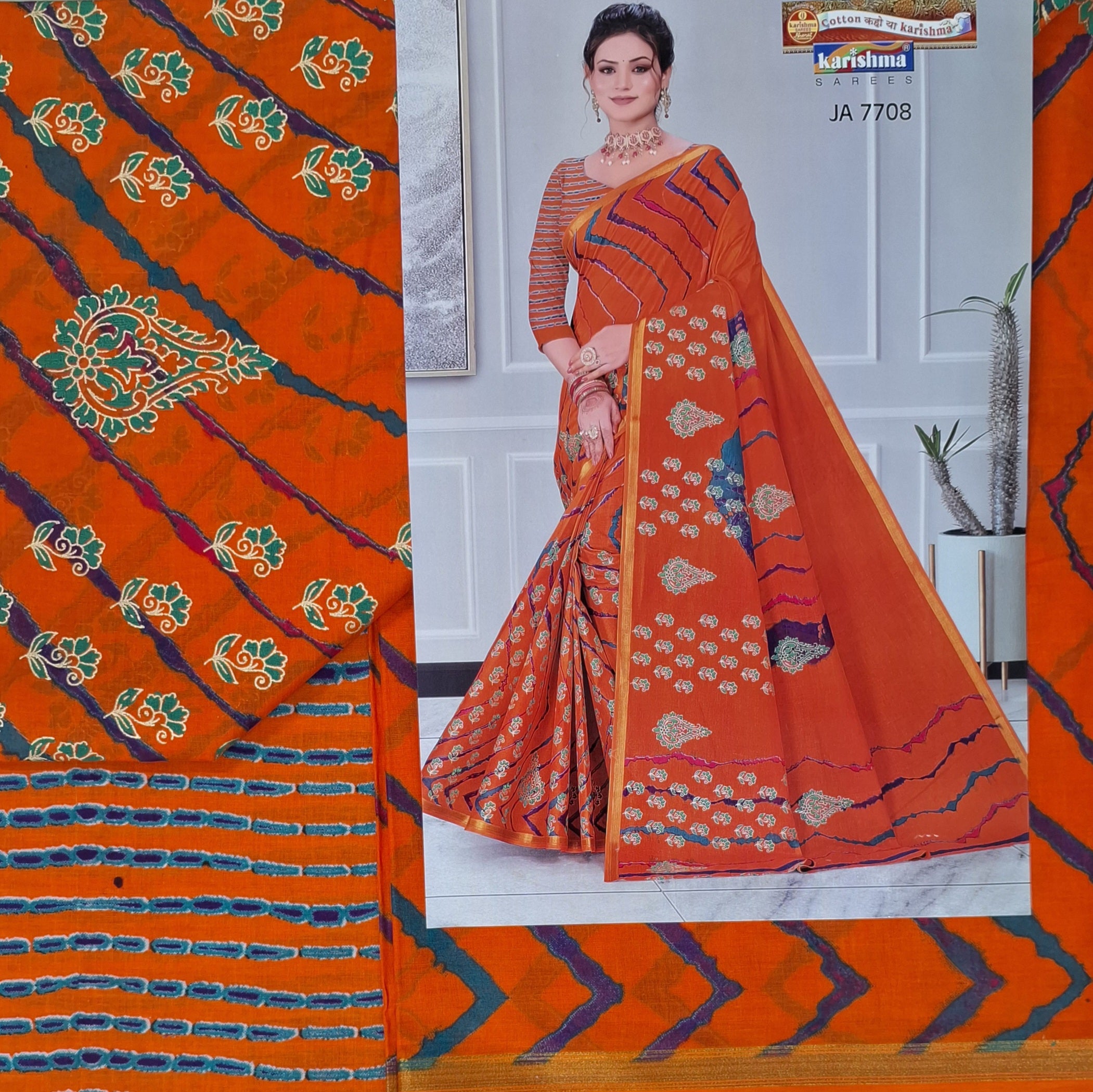 Orange Tie Dye Leheriya Design Festive Gold Zari Design Border Printed Pure Cotton Saree