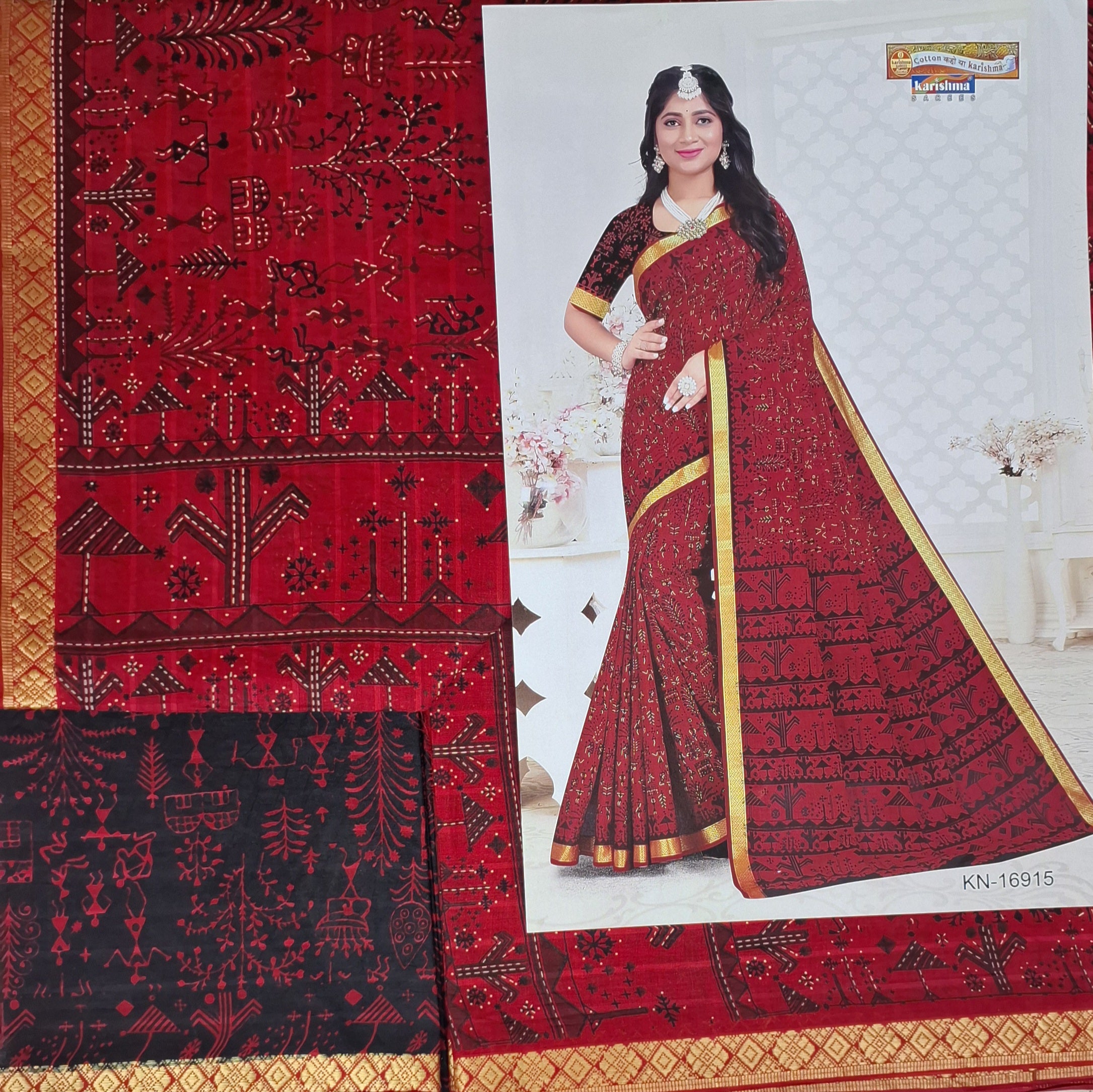 Red Tribal Maharashtrian Warli Print Design Gold Zari Border Printed Pure Cotton Saree