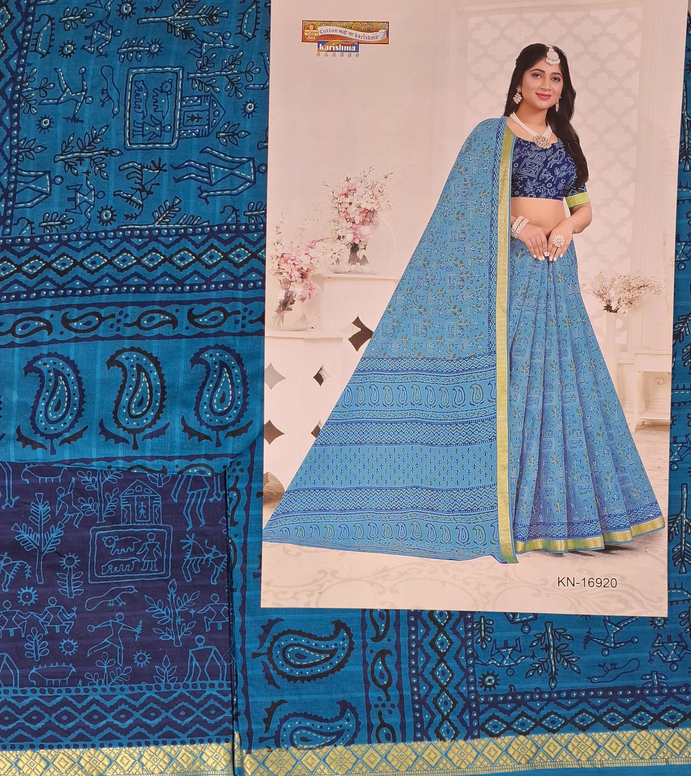 Blue Tribal Maharashtrian Warli Print Design Gold Zari Border Printed Pure Cotton Saree