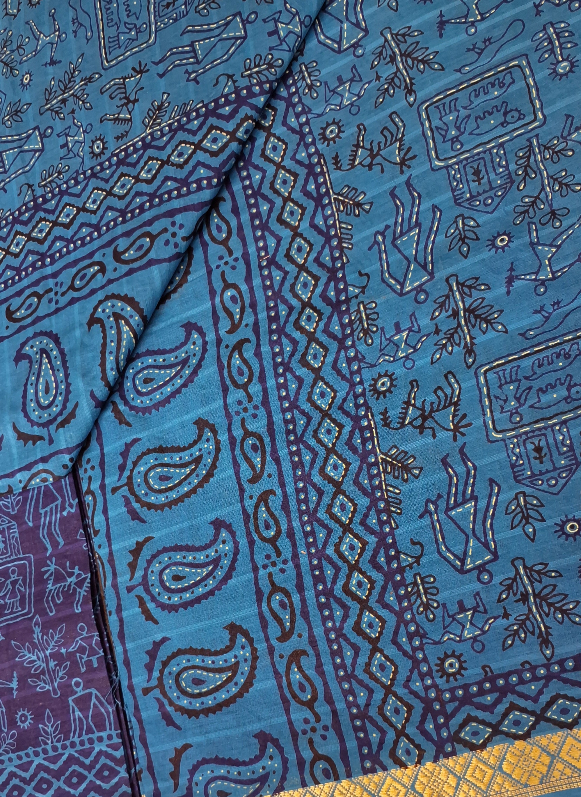 Blue Tribal Maharashtrian Warli Print Design Gold Zari Border Printed Pure Cotton Saree