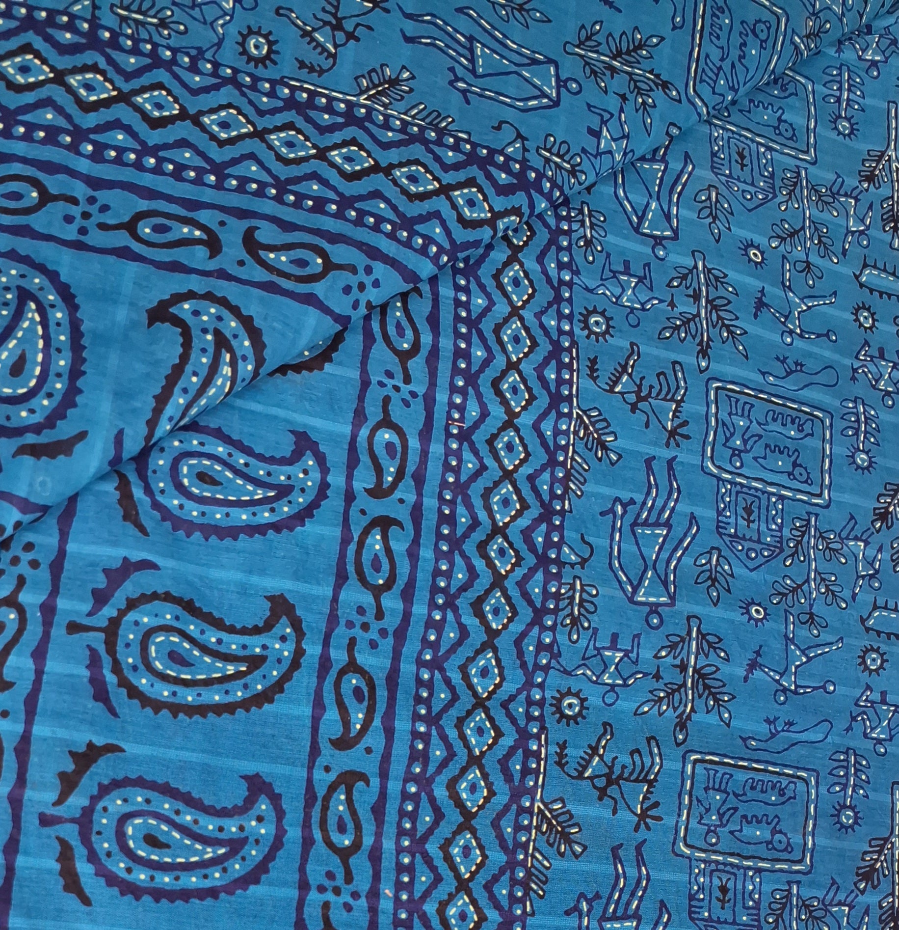 Blue Tribal Maharashtrian Warli Print Design Gold Zari Border Printed Pure Cotton Saree