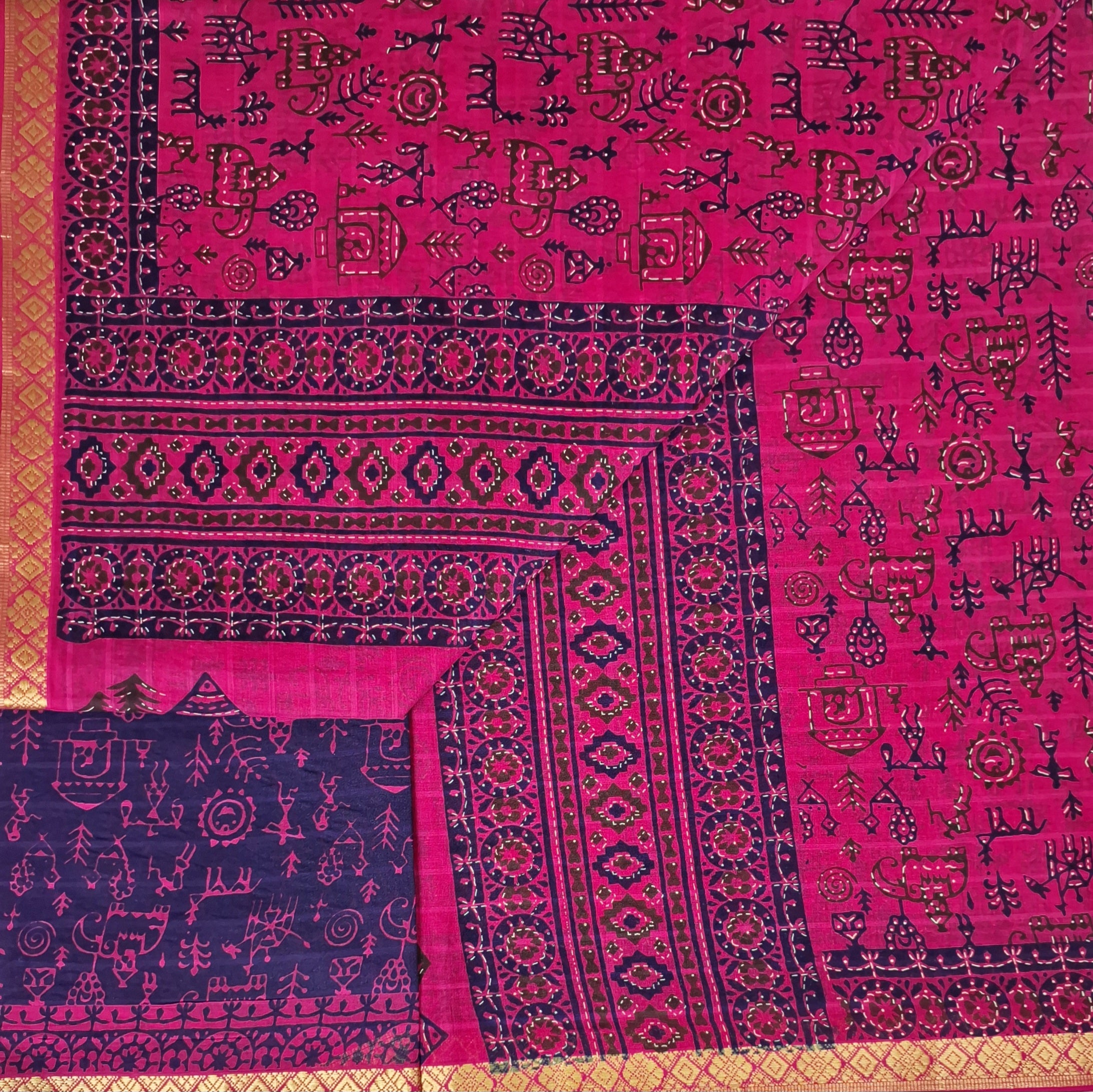 Pink Tribal Maharashtrian Warli Print Design Gold Zari Border Printed Pure Cotton Saree