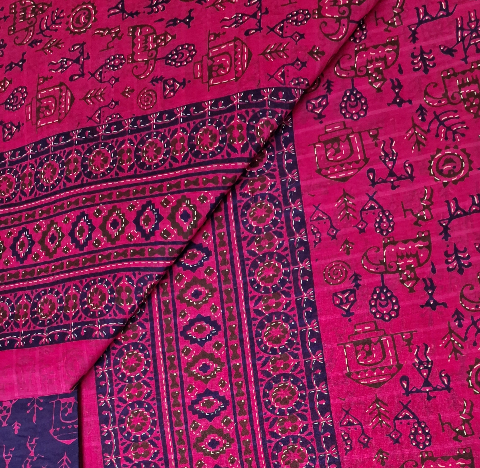 Pink Tribal Maharashtrian Warli Print Design Gold Zari Border Printed Pure Cotton Saree