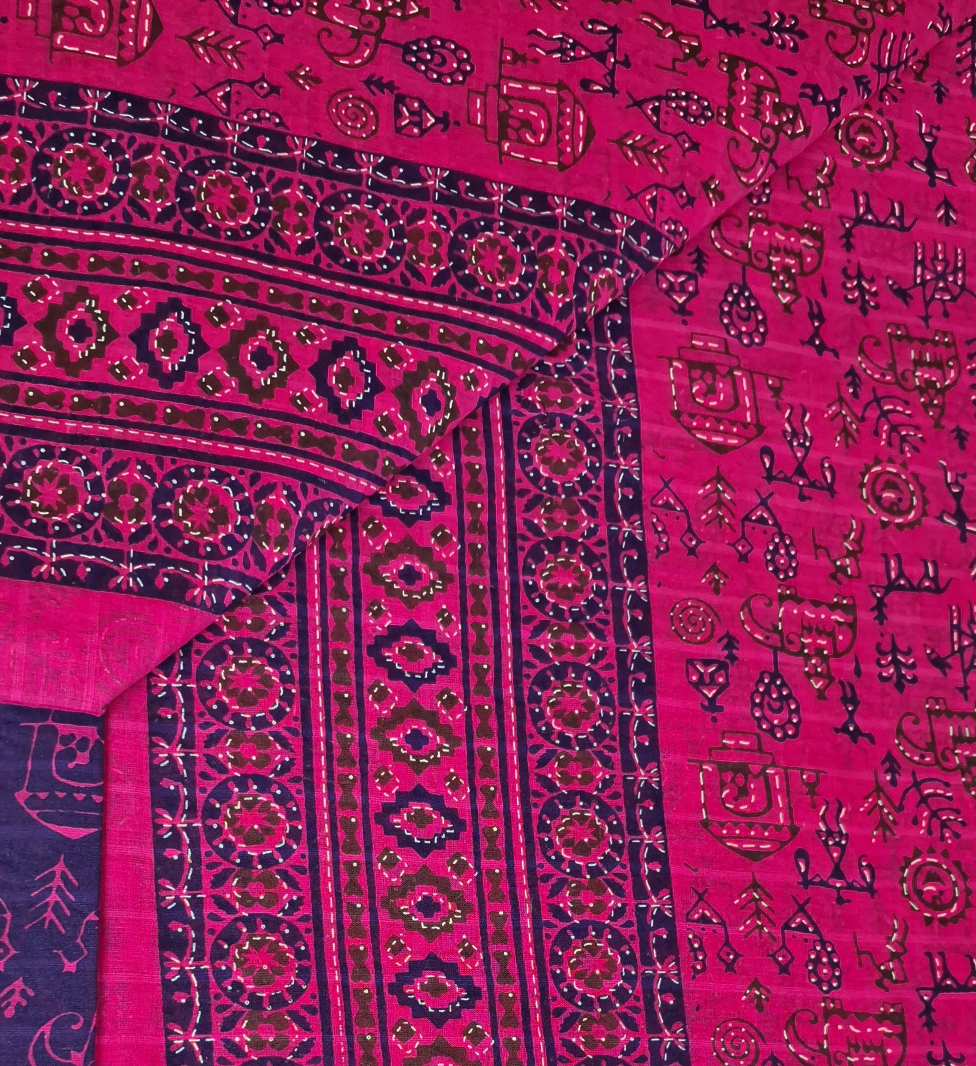 Pink Tribal Maharashtrian Warli Print Design Gold Zari Border Printed Pure Cotton Saree