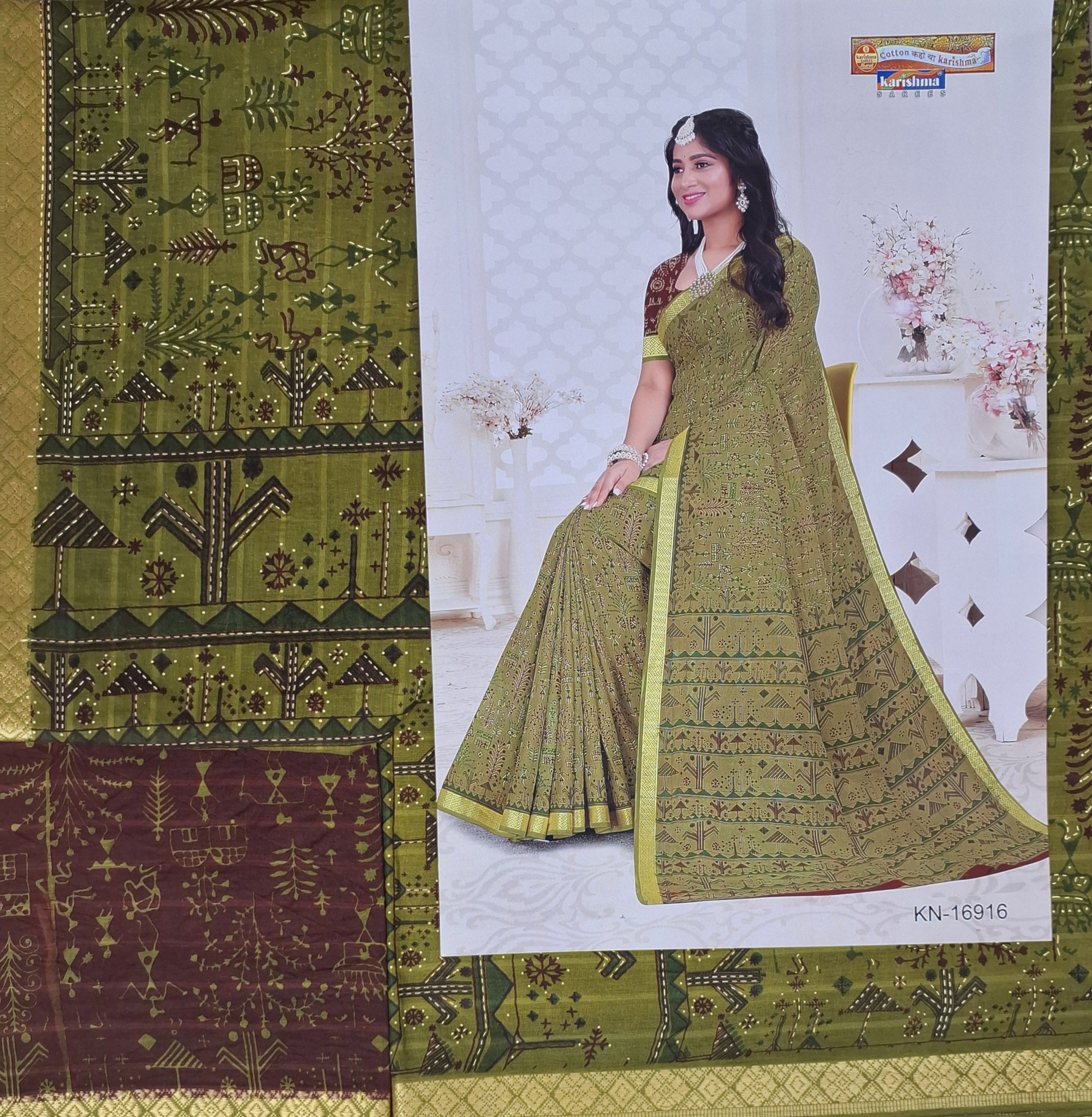 Green Tribal Maharashtrian Warli Print Design Gold Zari Border Printed Pure Cotton Saree