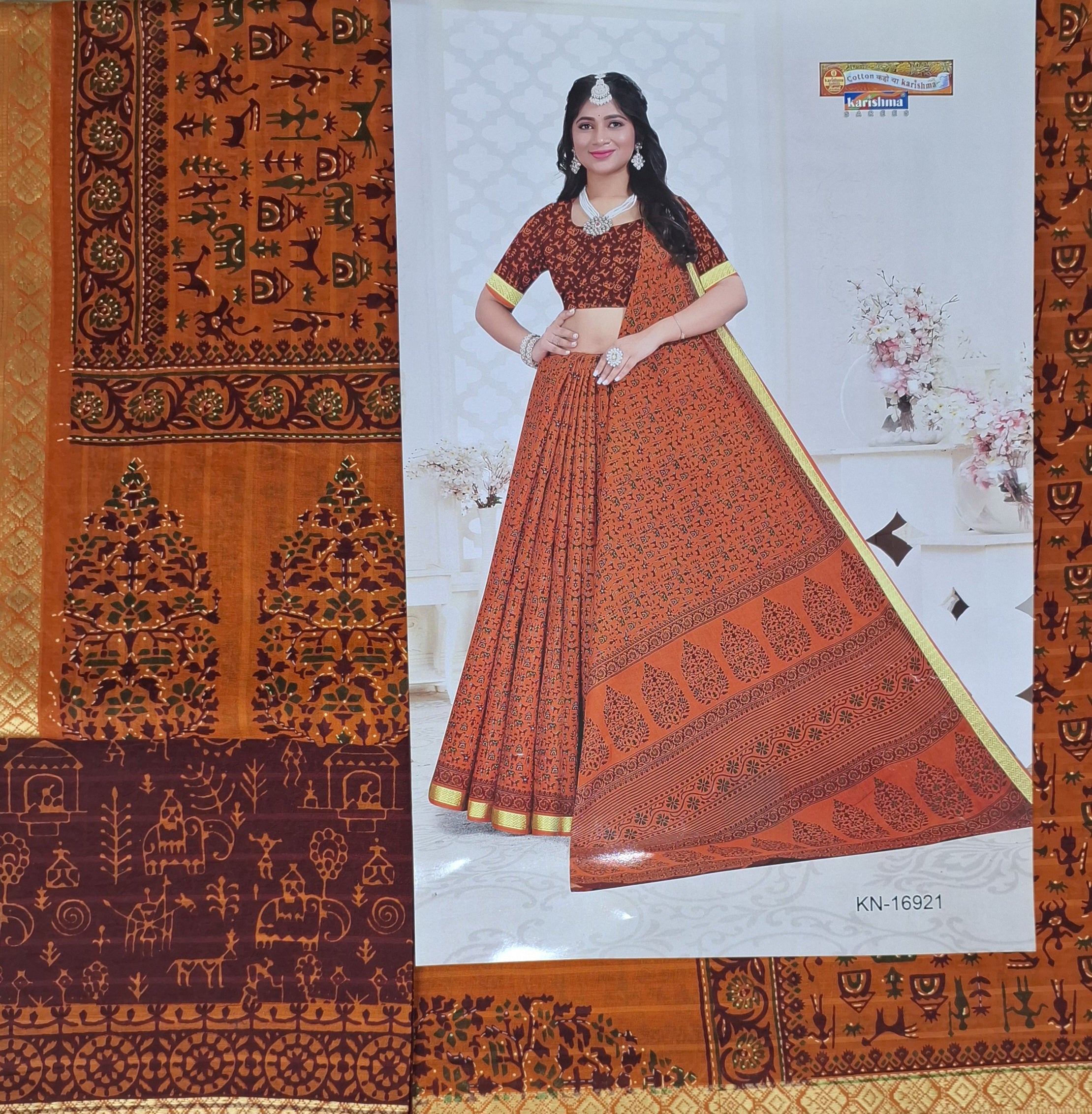 Orange Tribal Maharashtrian Warli Print Design Gold Zari Border Printed Pure Cotton Saree