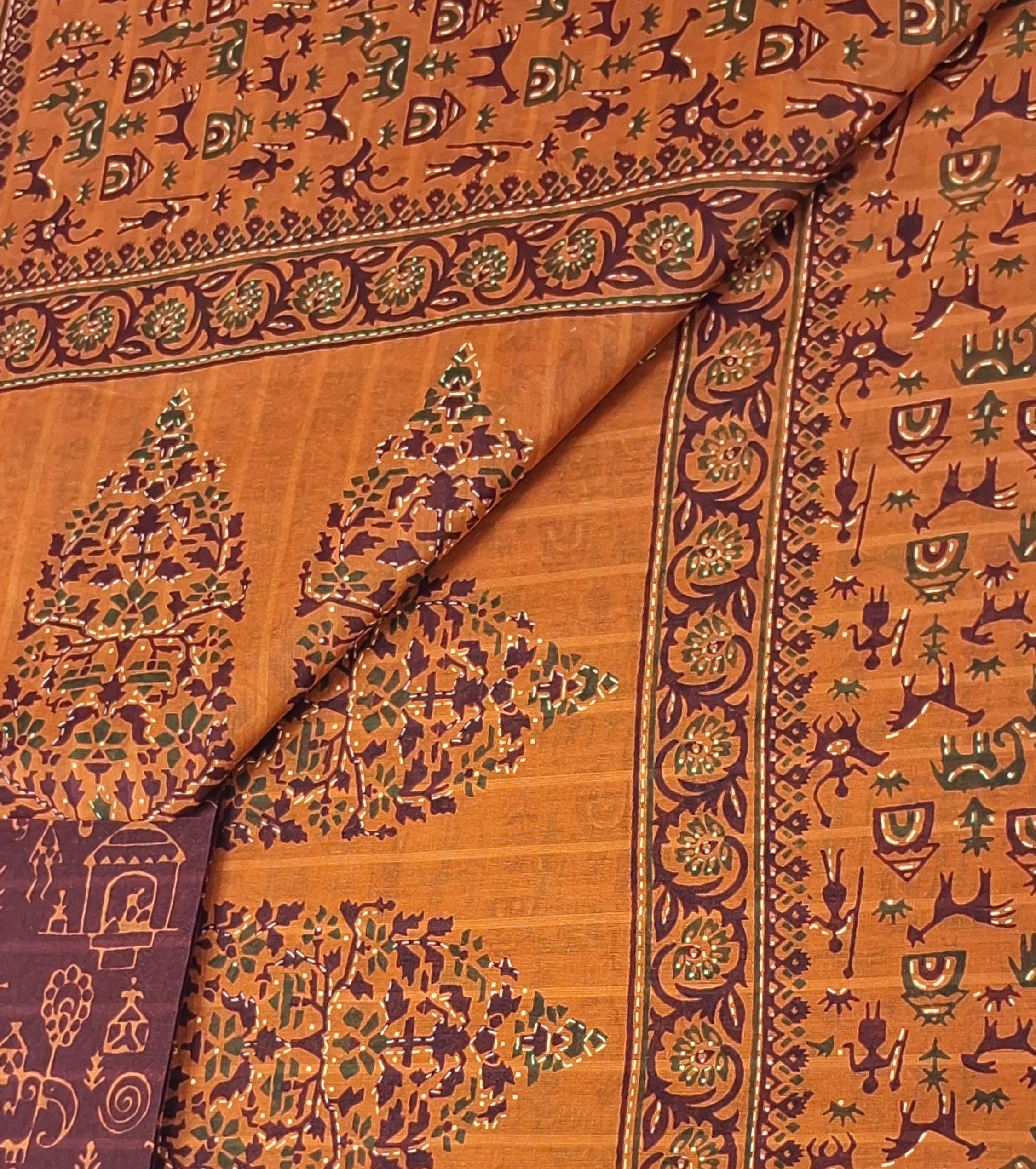 Orange Tribal Maharashtrian Warli Print Design Gold Zari Border Printed Pure Cotton Saree