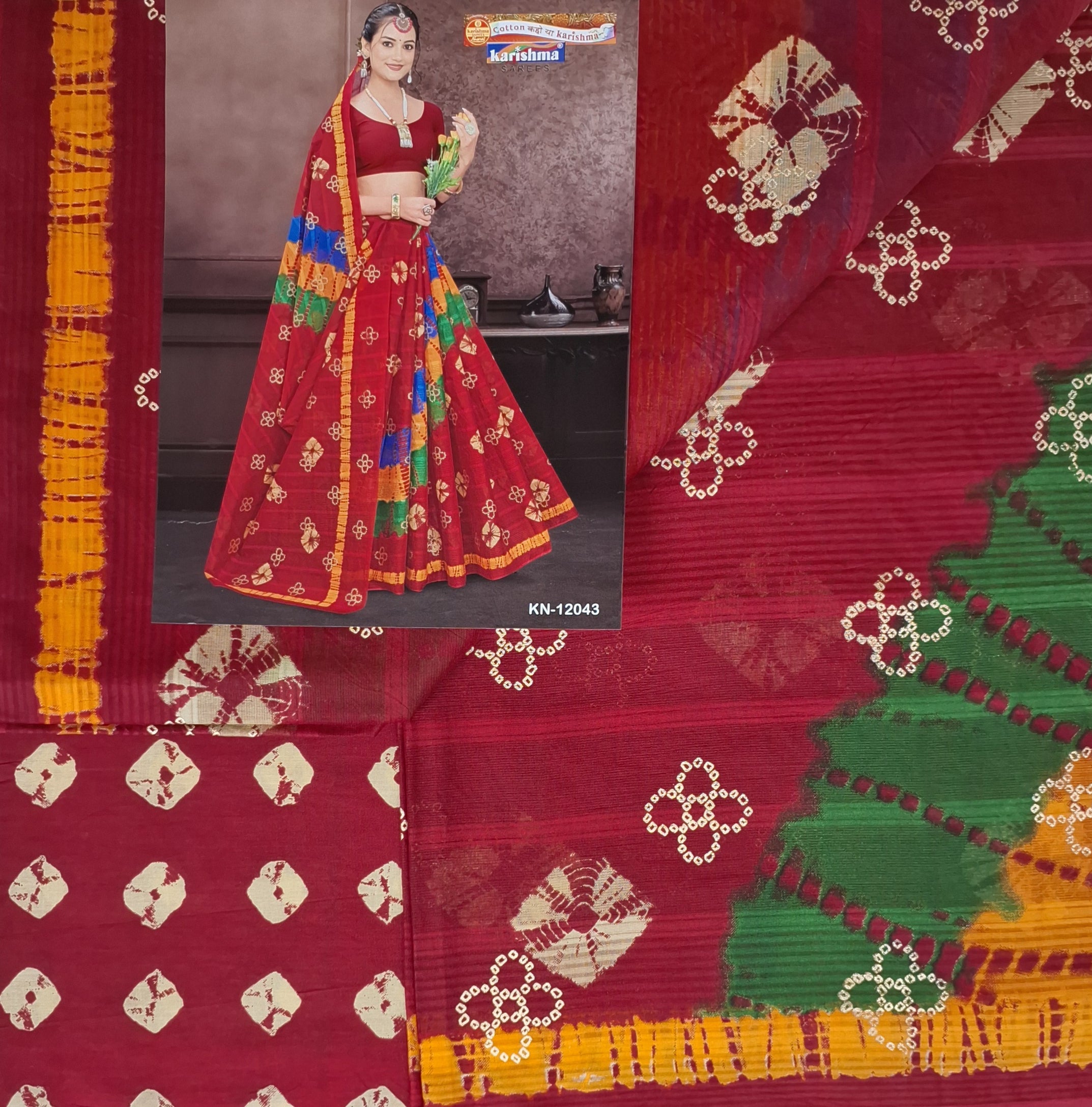 Red Bandhani Leheriya Design Colourful Printed Mulmul Pure Cotton Saree