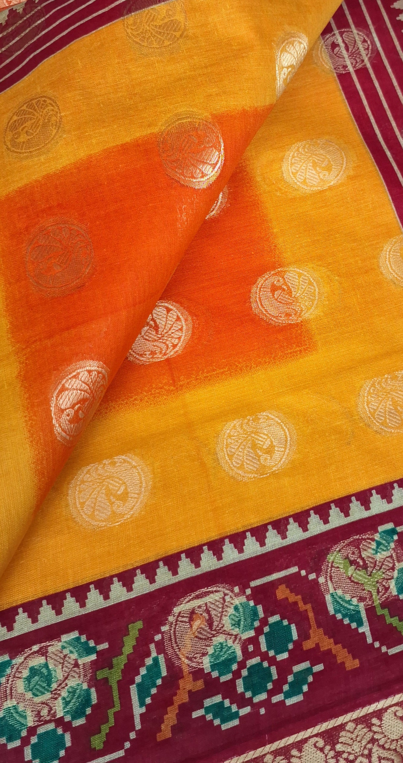 Orange Shaded Peacock Pattu Festive Gold Border Printed Pure Cotton Saree