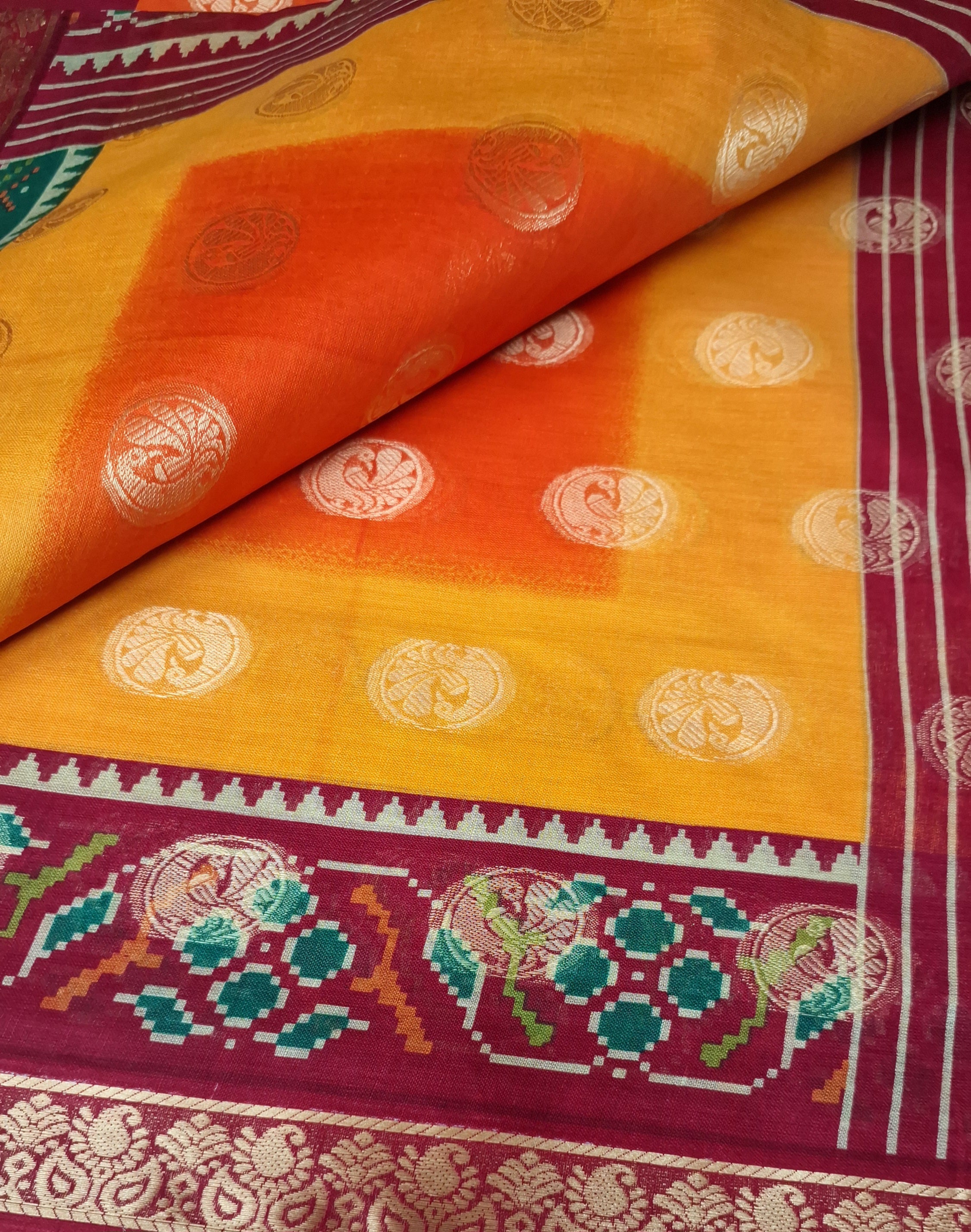 Orange Shaded Peacock Pattu Festive Gold Border Printed Pure Cotton Saree