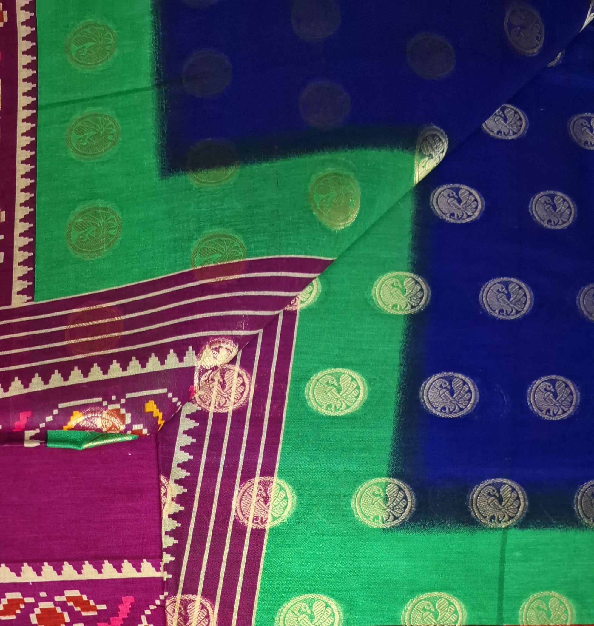 Navy Shaded Peacock Pattu Festive Gold Border Printed Pure Cotton Saree