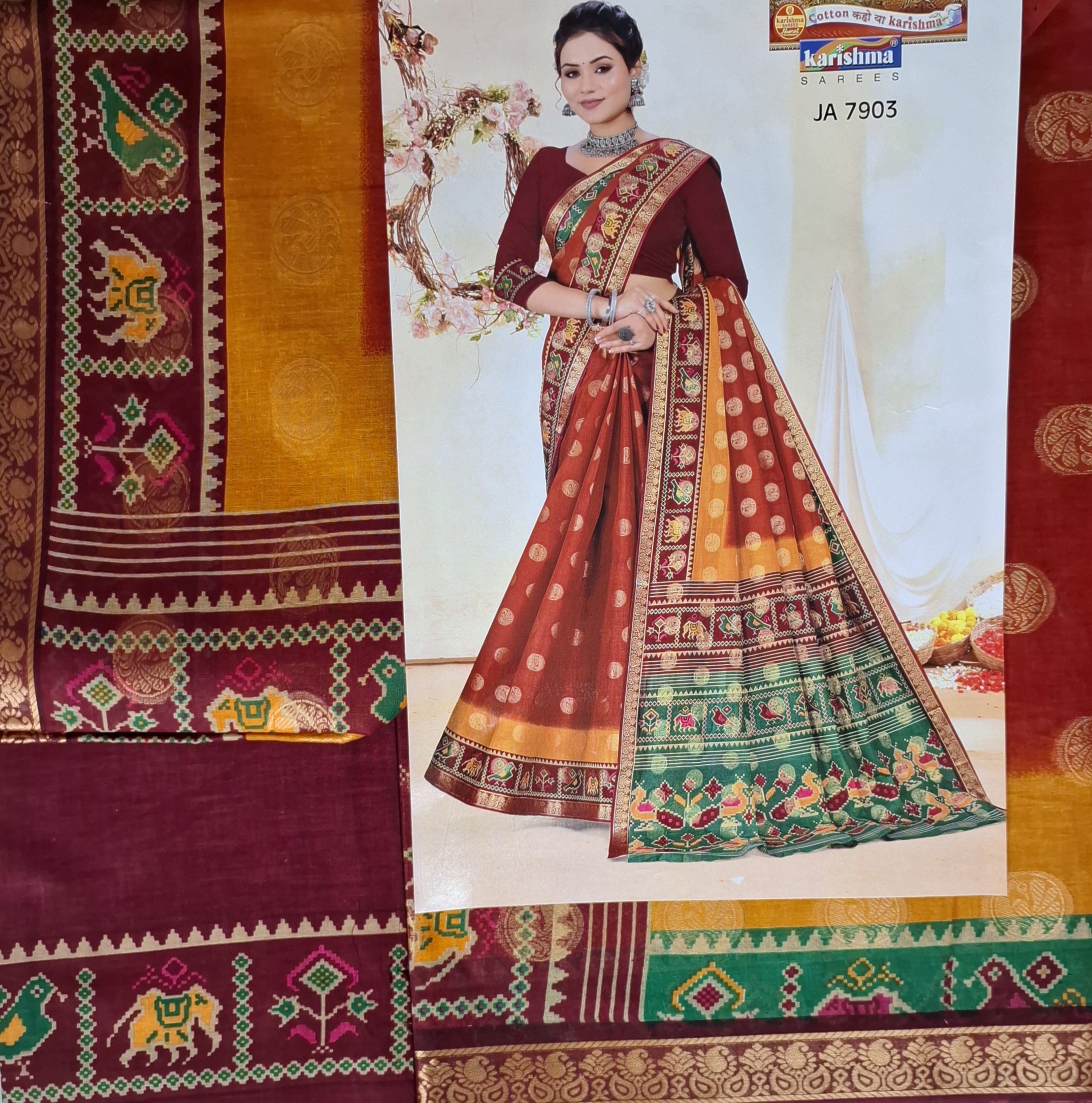 Maroon Shaded Peacock Pattu Festive Gold Border Printed Pure Cotton Saree