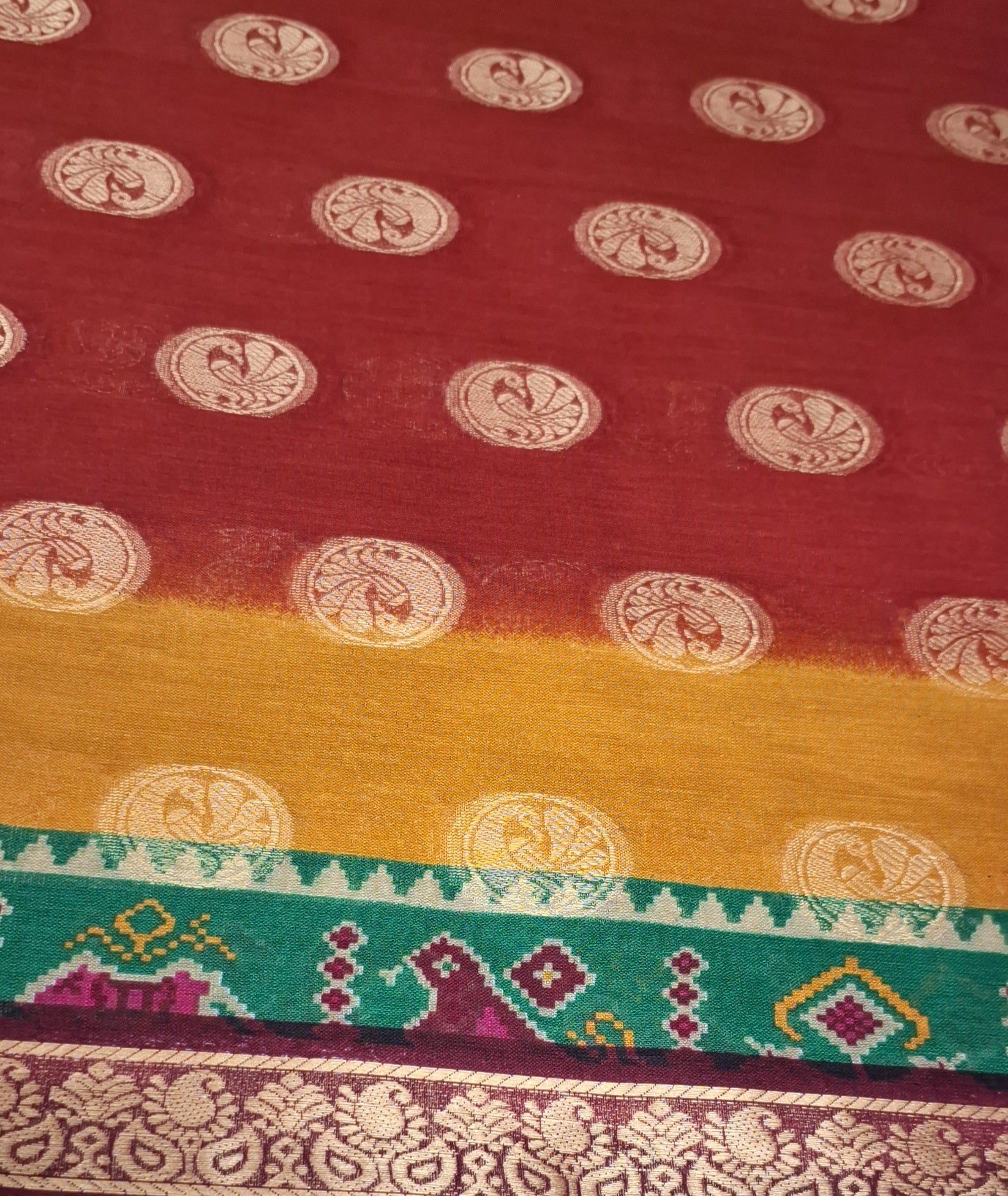 Maroon Shaded Peacock Pattu Festive Gold Border Printed Pure Cotton Saree