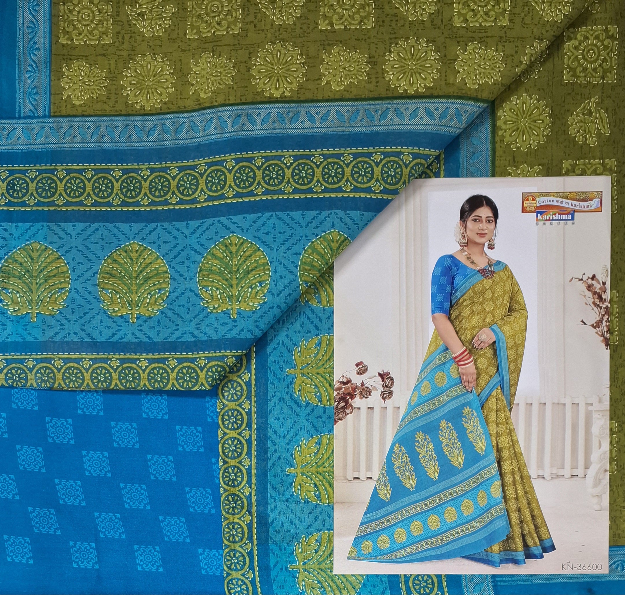 Olive Block Design Printed Pure Cotton Everyday Office Wear Saree