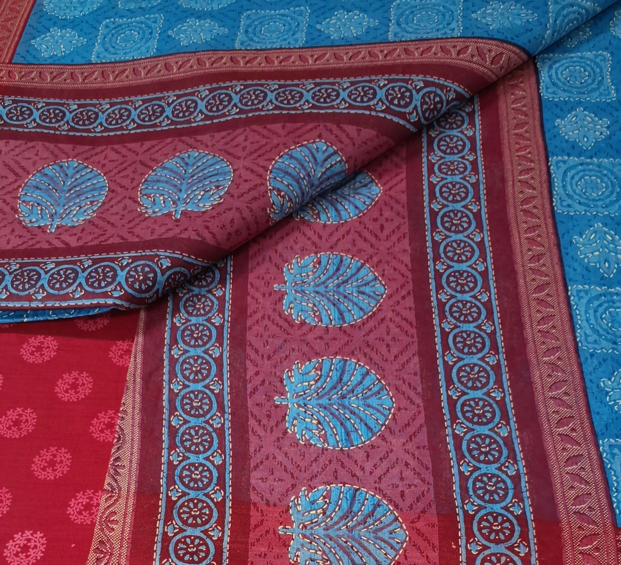 Blue Block Design Printed Pure Cotton Everyday Office Wear Saree