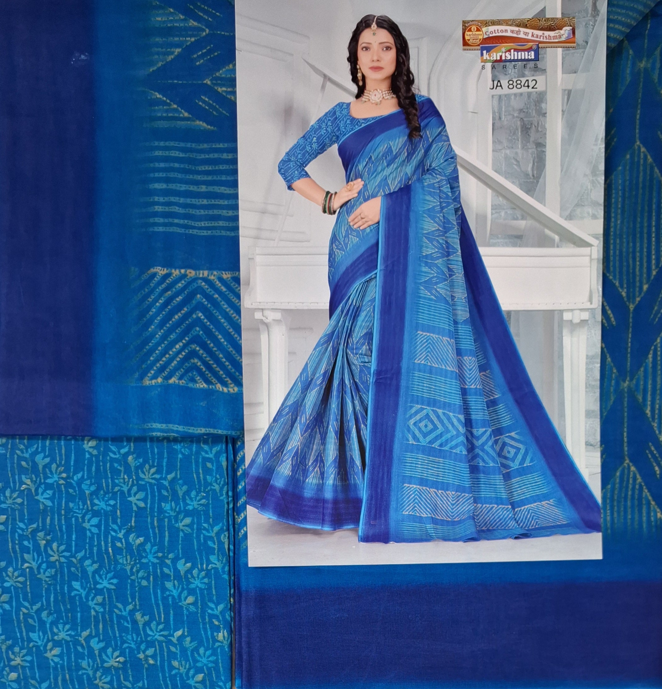 Blue Hand Tie & Dye Printed Pure Cotton Saree with Border