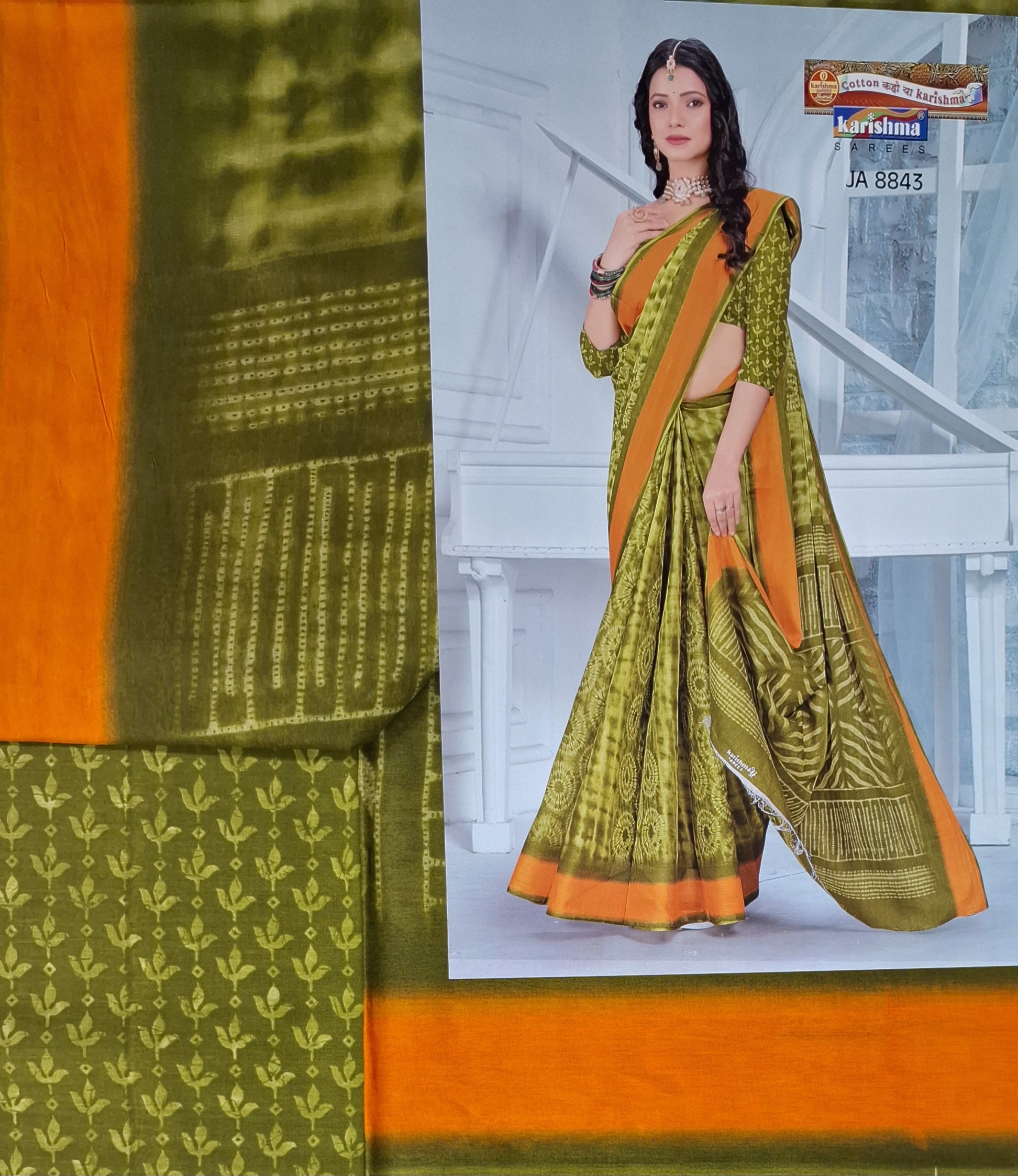 Olive Hand Tie & Dye Printed Pure Cotton Saree with Border