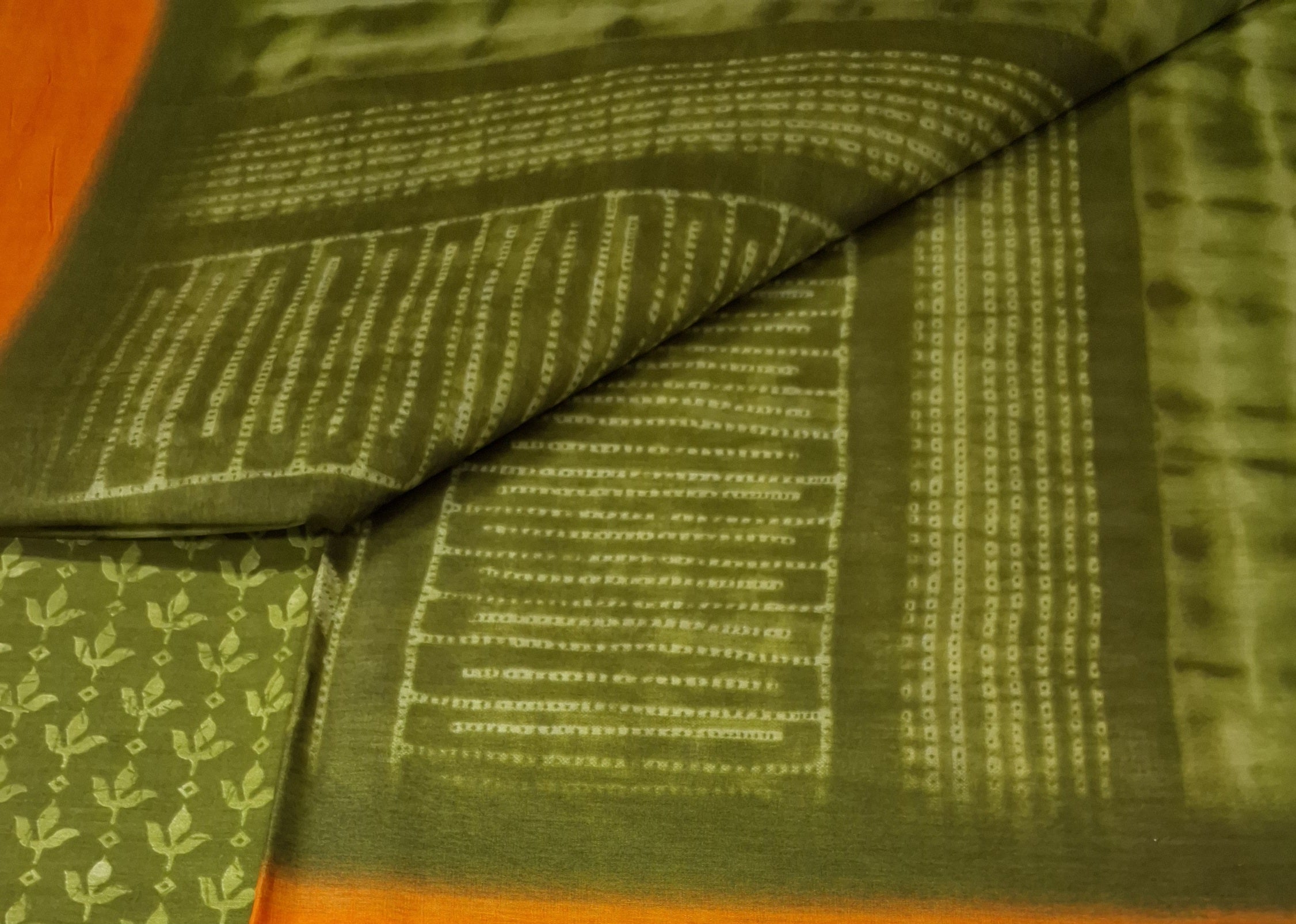 Olive Hand Tie & Dye Printed Pure Cotton Saree with Border