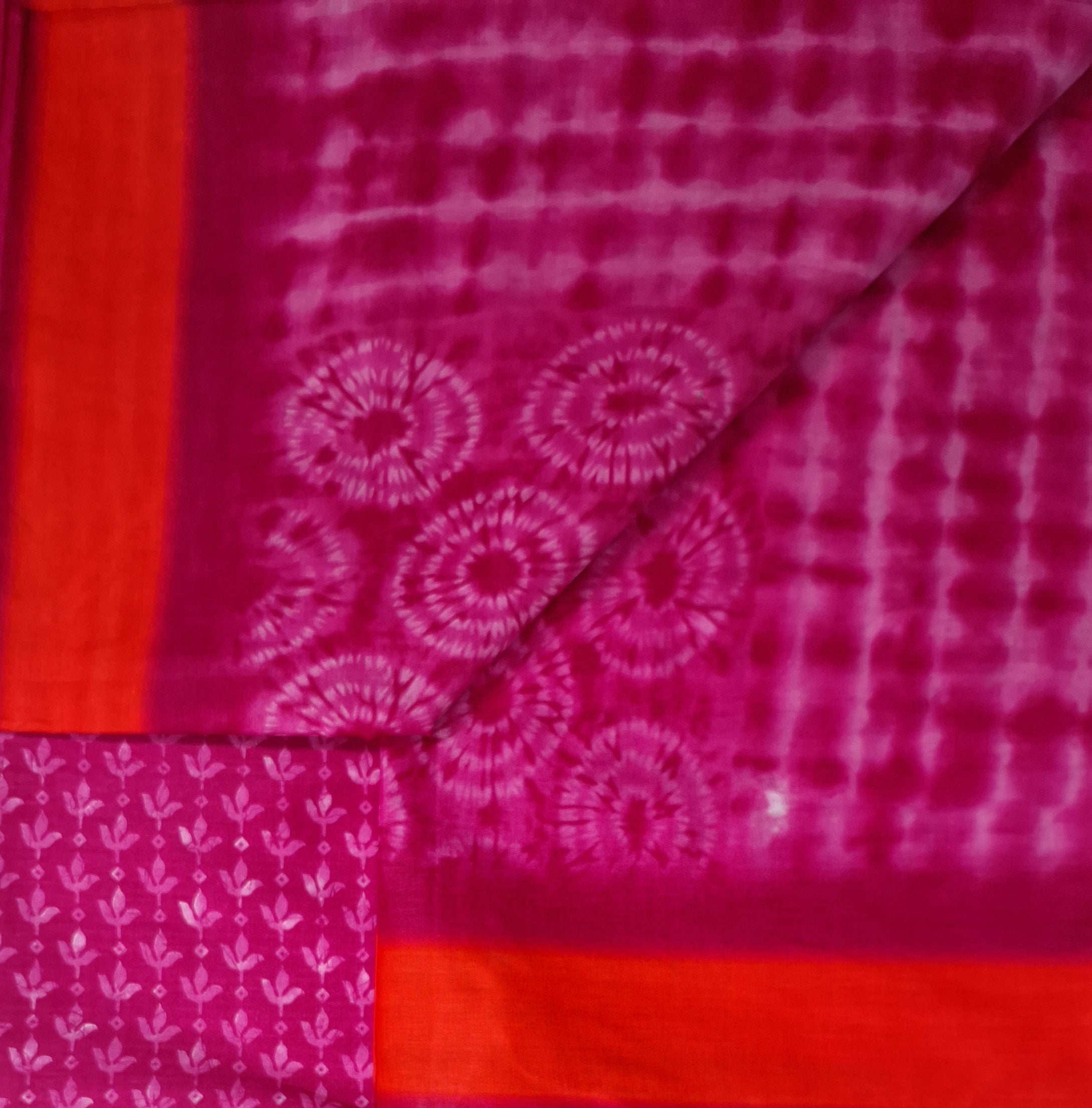 Pink Hand Tie & Dye Printed Pure Cotton Saree with Border