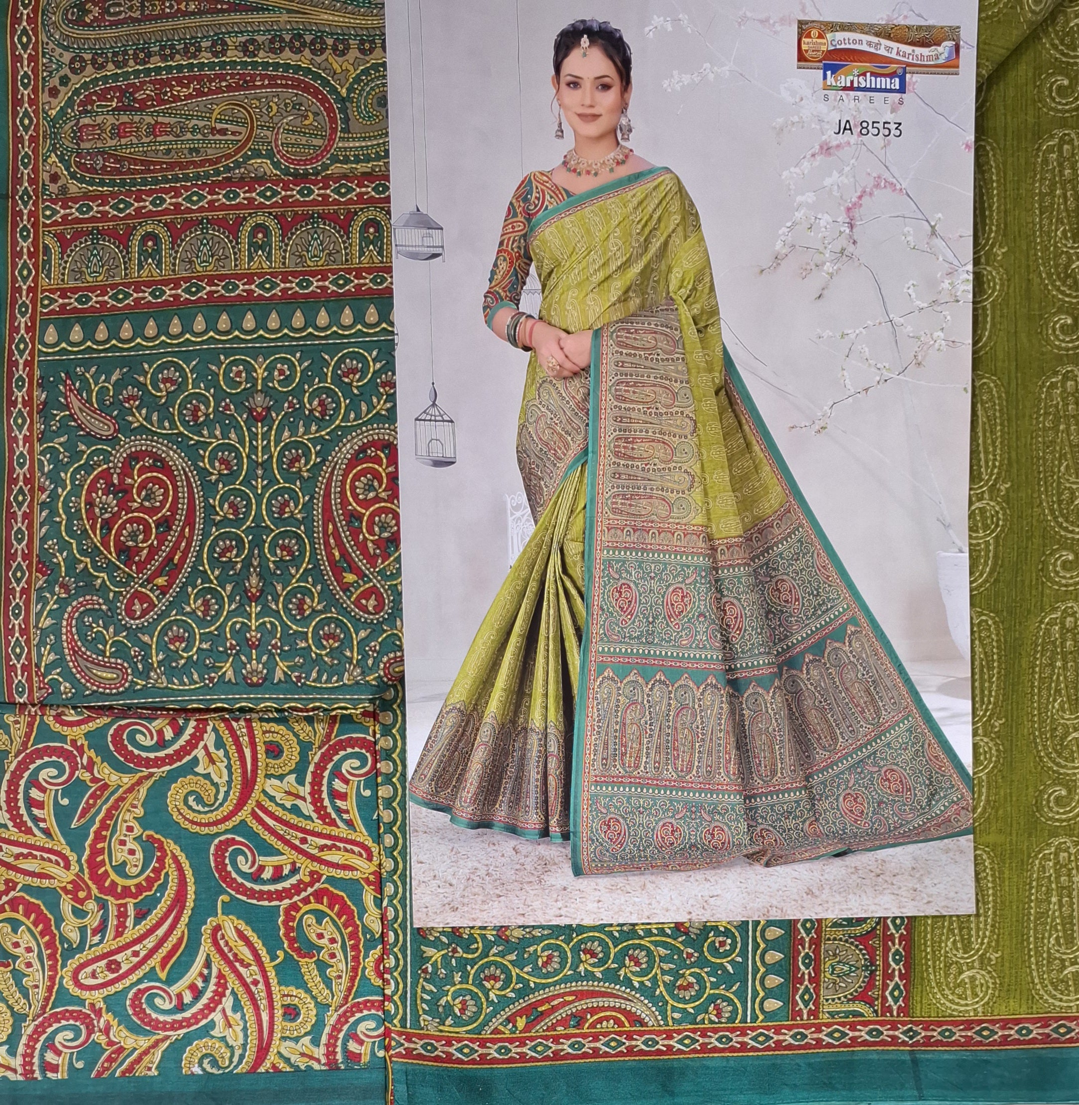 Green Designer Ethnic Printed Mulmul Pure Cotton Saree with Fancy Blouse