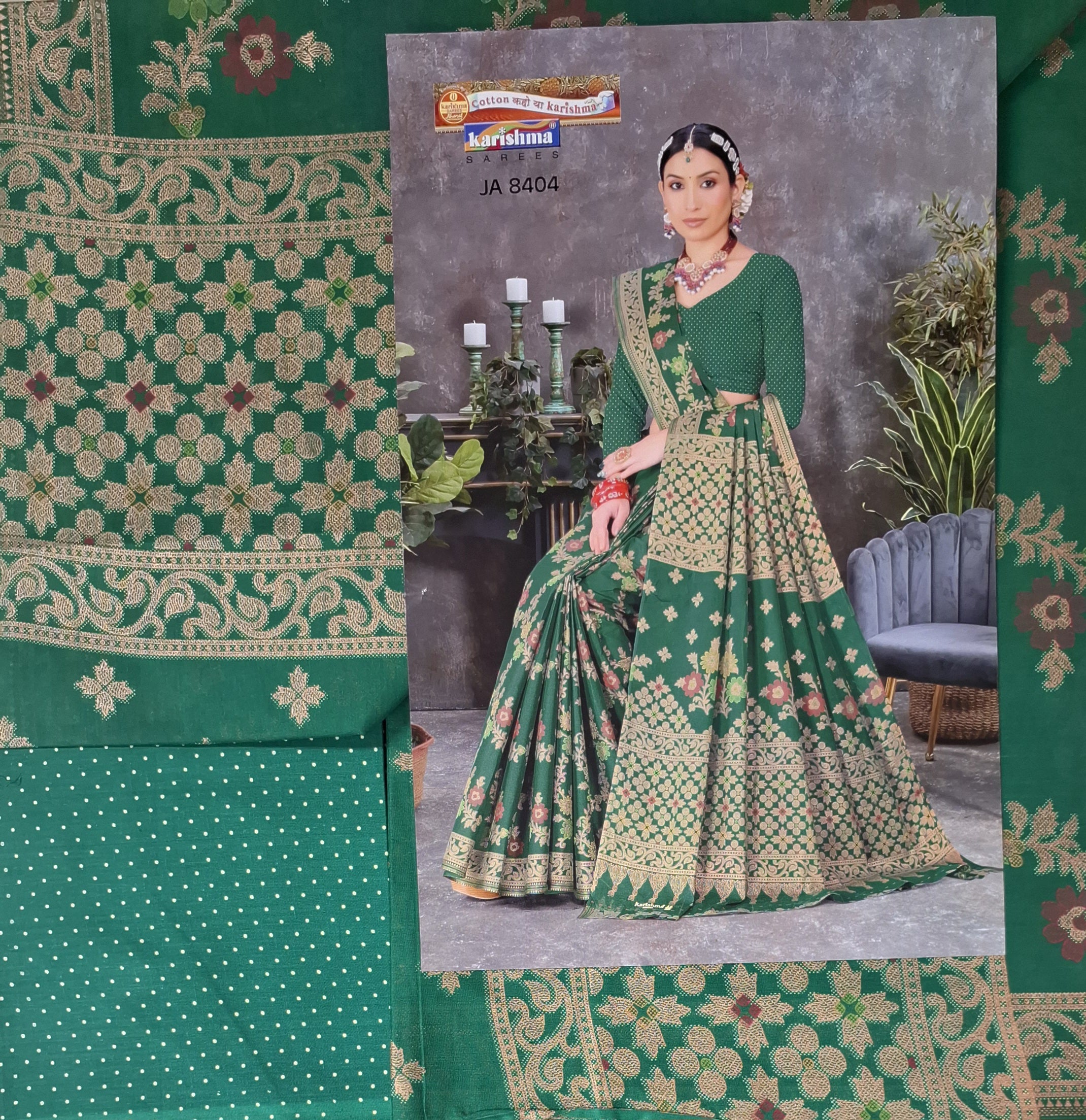 Green Wedding Zari Design Heavy Festive Jamewar Style Printed Pure Cotton Saree