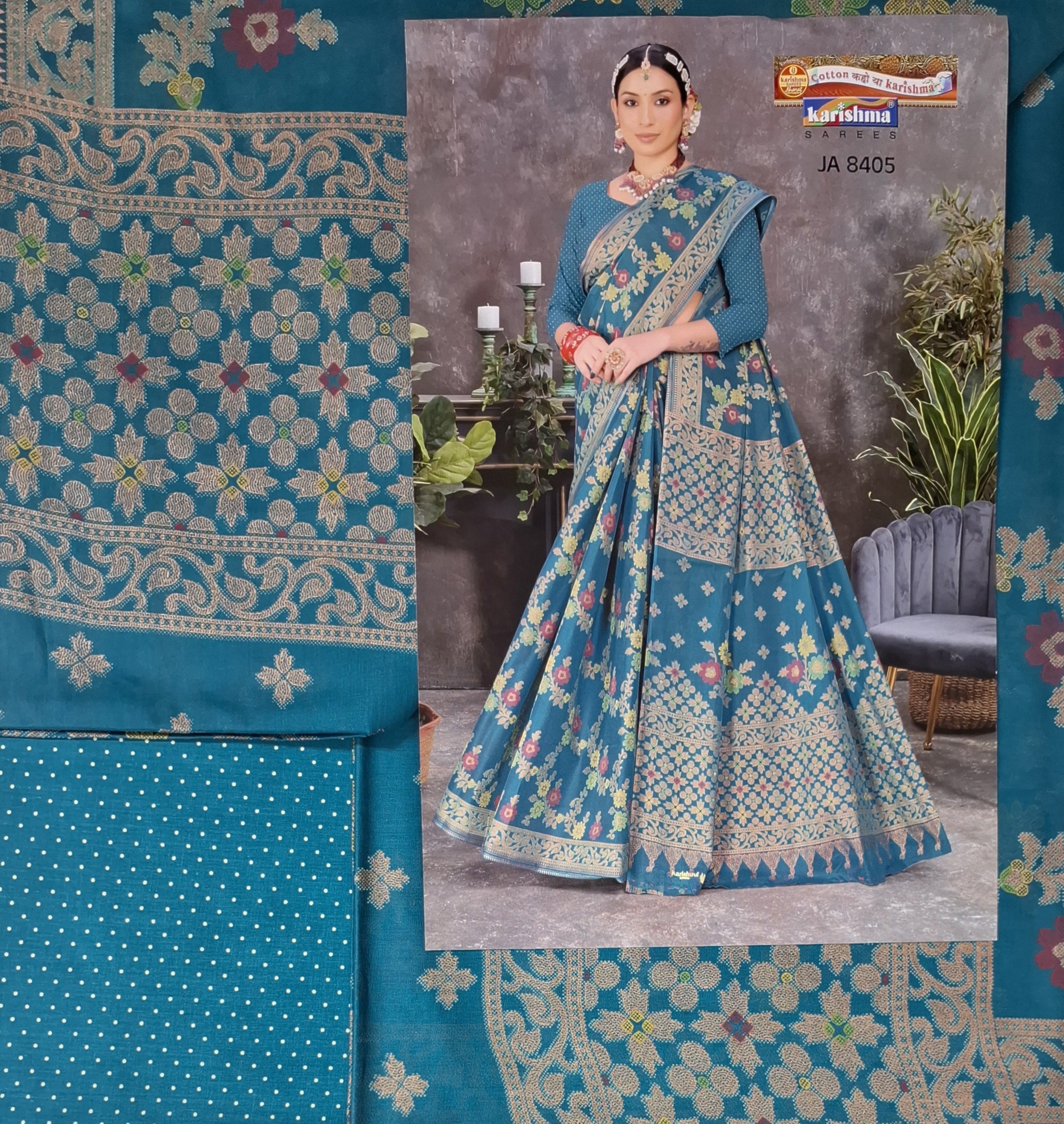 Blue Wedding Zari Design Heavy Festive Jamewar Style Printed Pure Cotton Saree