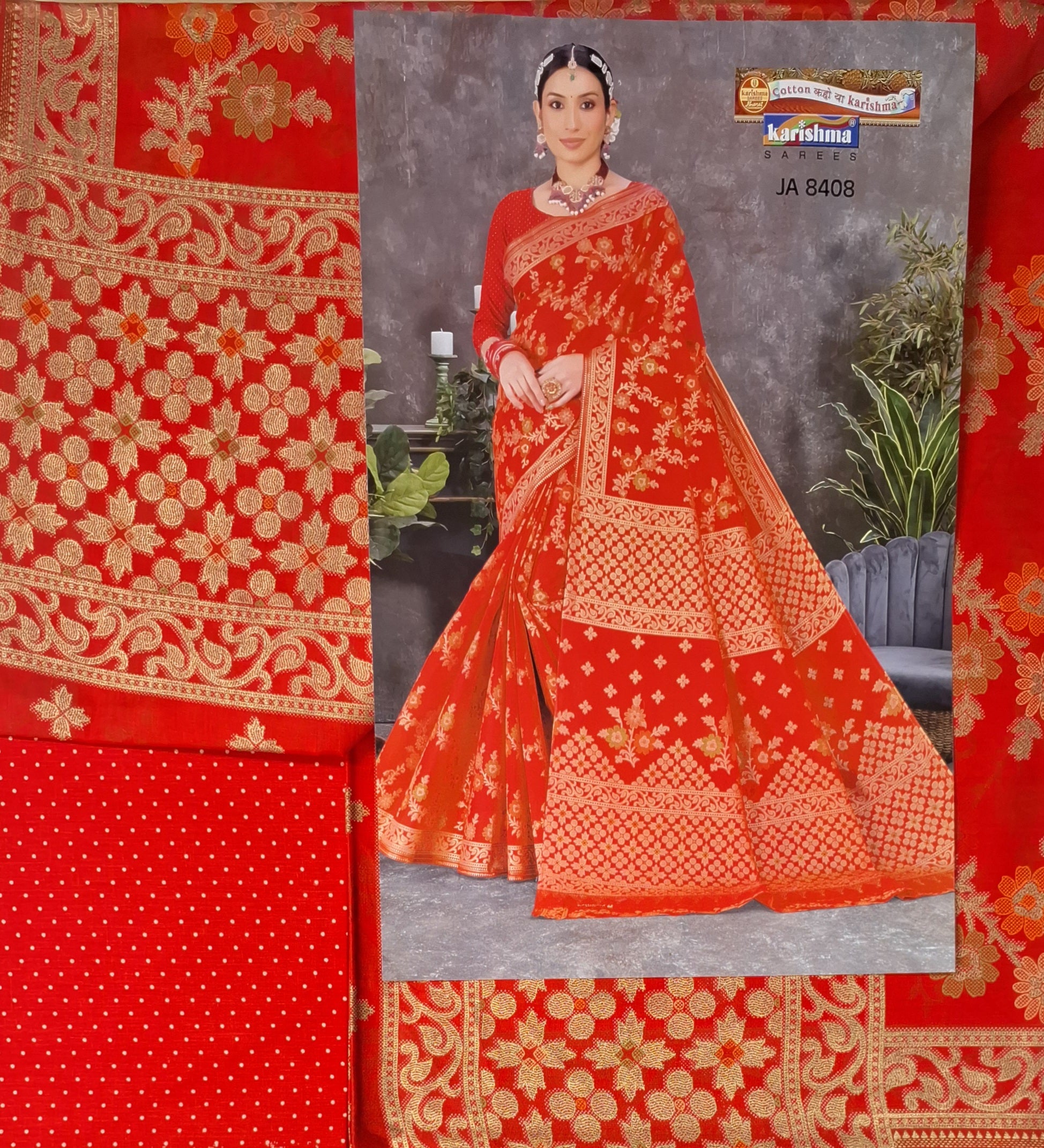 Orange Wedding Zari Design Heavy Festive Jamewar Style Printed Pure Cotton Saree