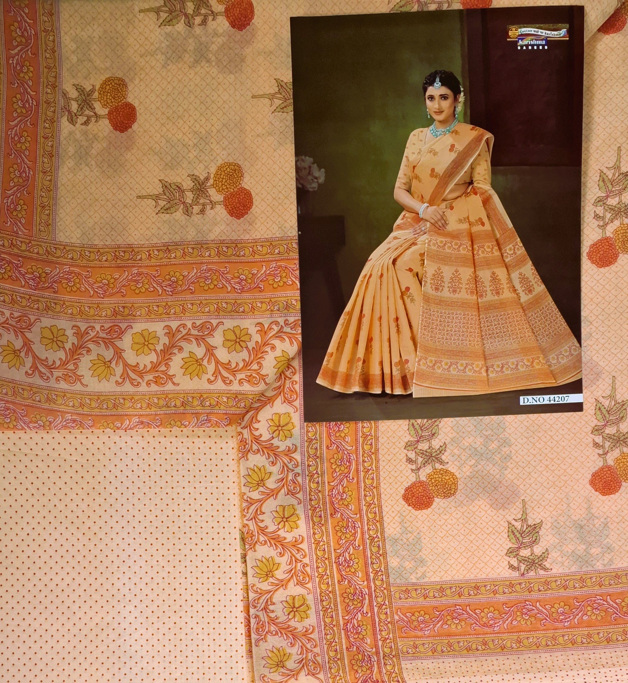 Orange Pastel Sanganeri Floral Design Printed Pure Soft Malai Cotton Saree