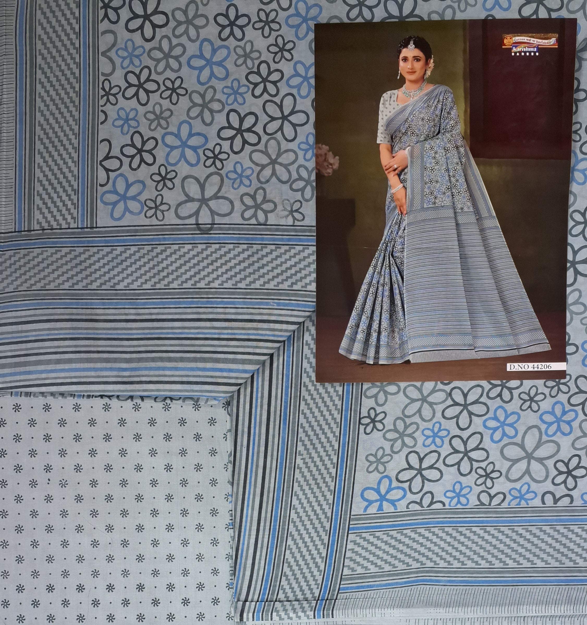 Grey Pastel Sanganeri Floral Design Printed Pure Soft Malai Cotton Saree