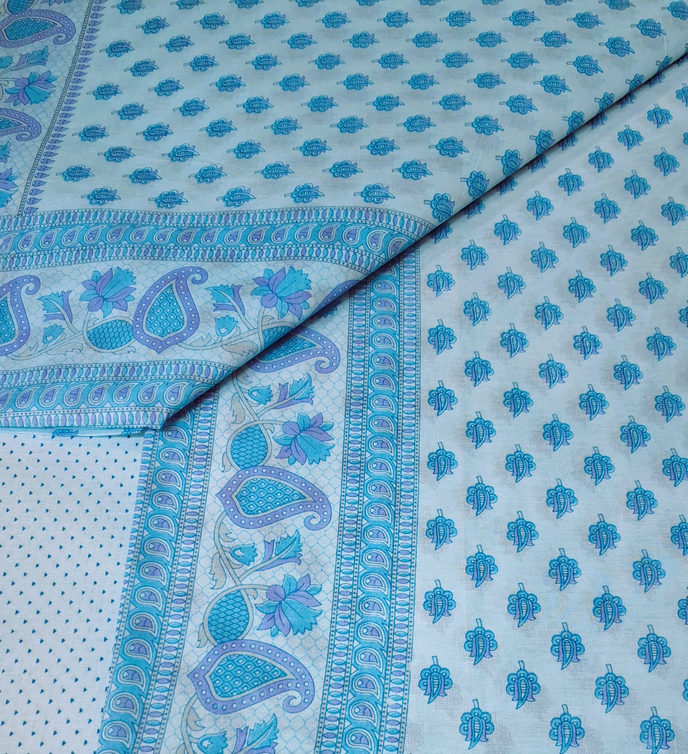 Blue Pastel Sanganeri Floral Design Printed Pure Soft Malai Cotton Saree