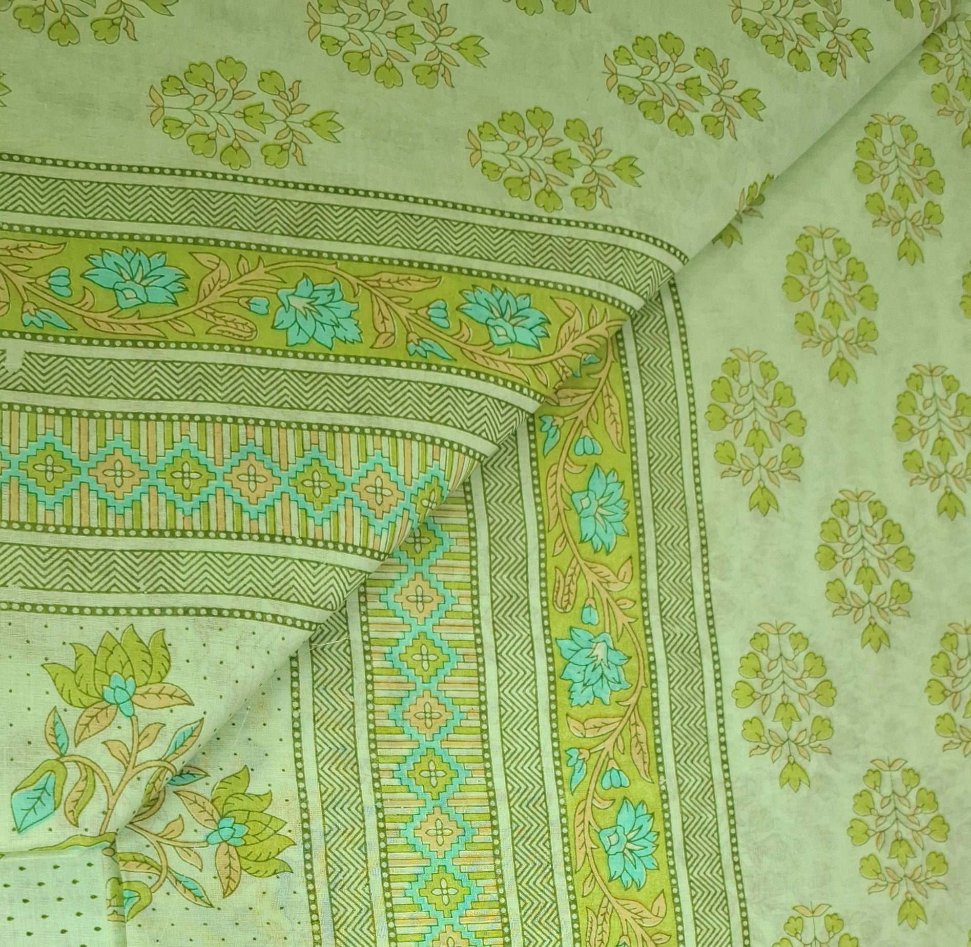 Lime Pastel Sanganeri Floral Design Printed Pure Soft Malai Cotton Saree