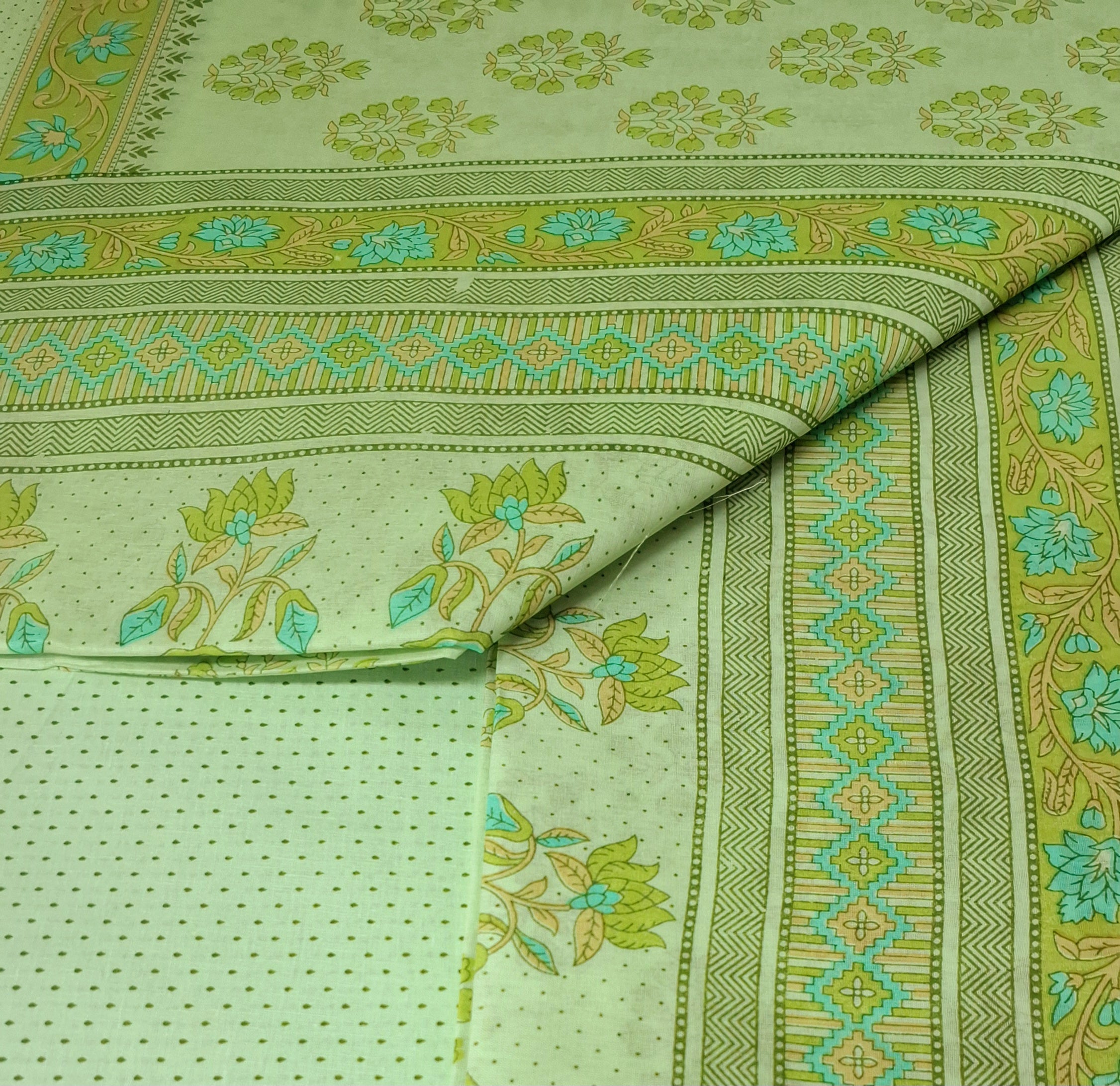 Lime Pastel Sanganeri Floral Design Printed Pure Soft Malai Cotton Saree