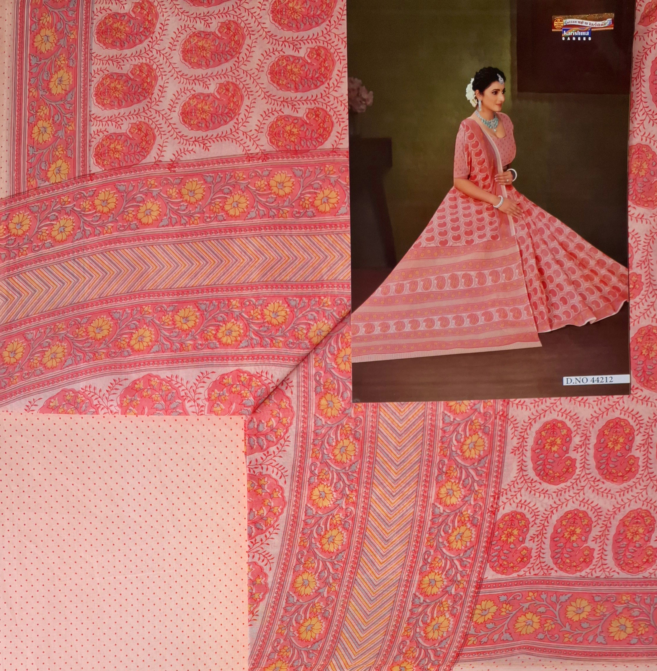 Peach Pastel Sanganeri Floral Design Printed Pure Soft Malai Cotton Saree