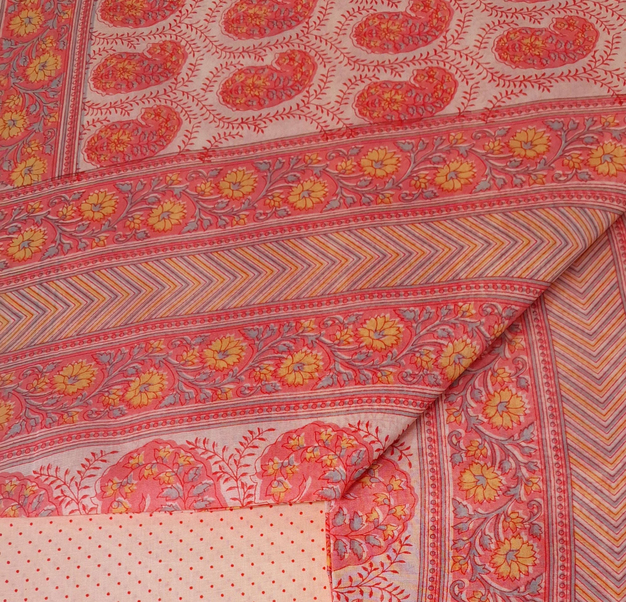 Peach Pastel Sanganeri Floral Design Printed Pure Soft Malai Cotton Saree