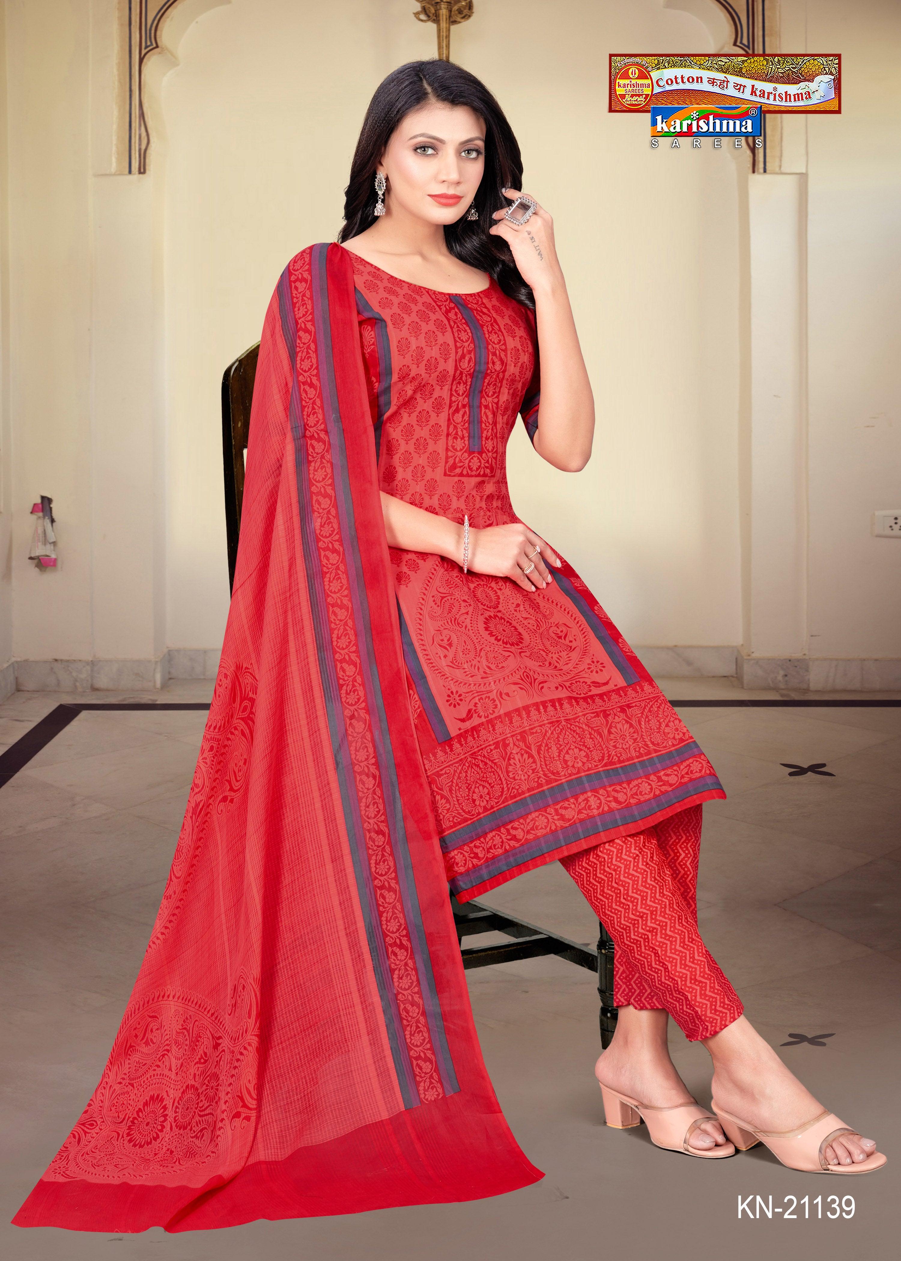 Red Pure Cotton Designer Dress Material Set
