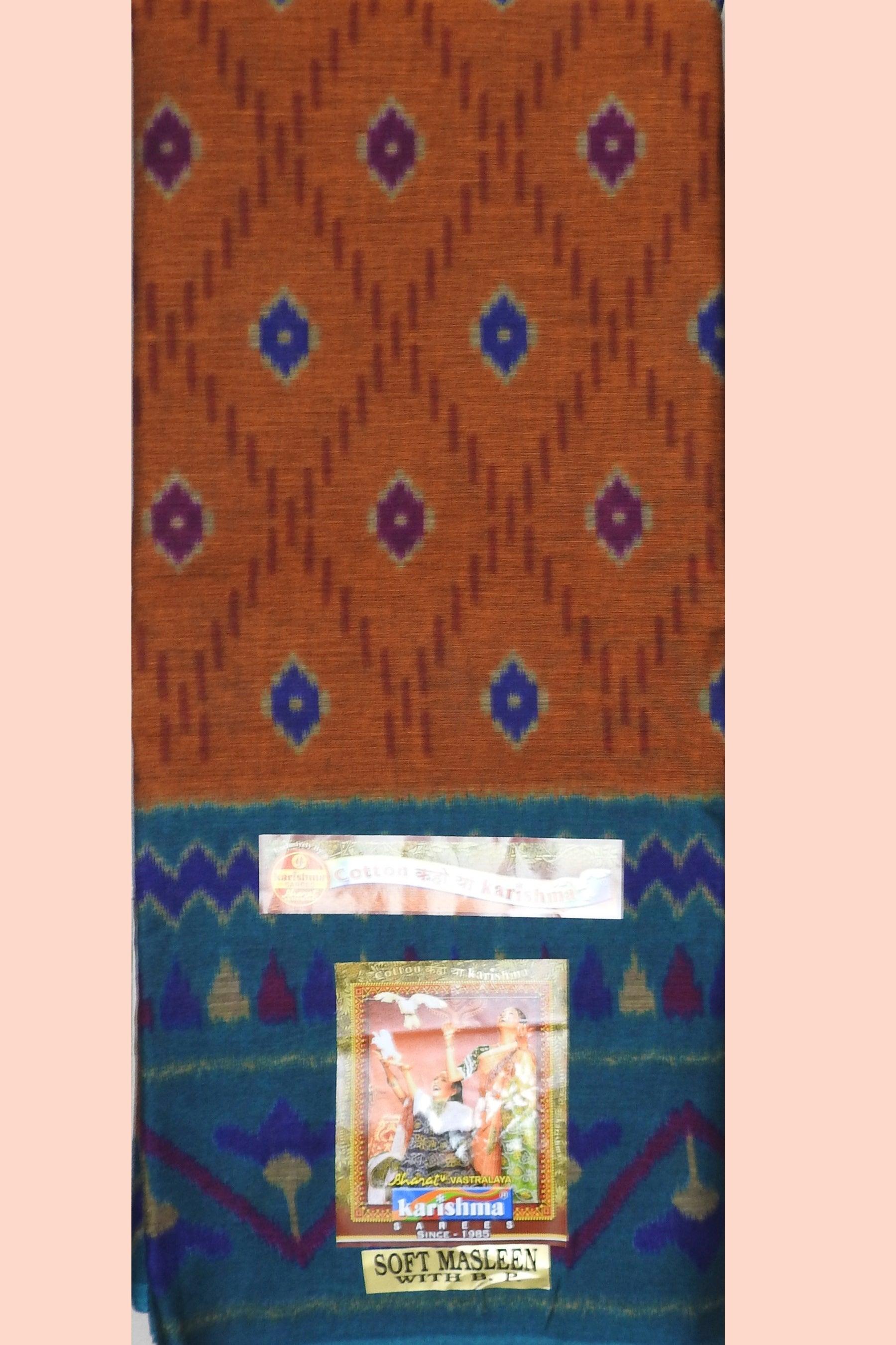 Orange Teal Traditional Ikat Pattern Design Printed Pure Soft Muslin Cotton Saree - Shop Karishma