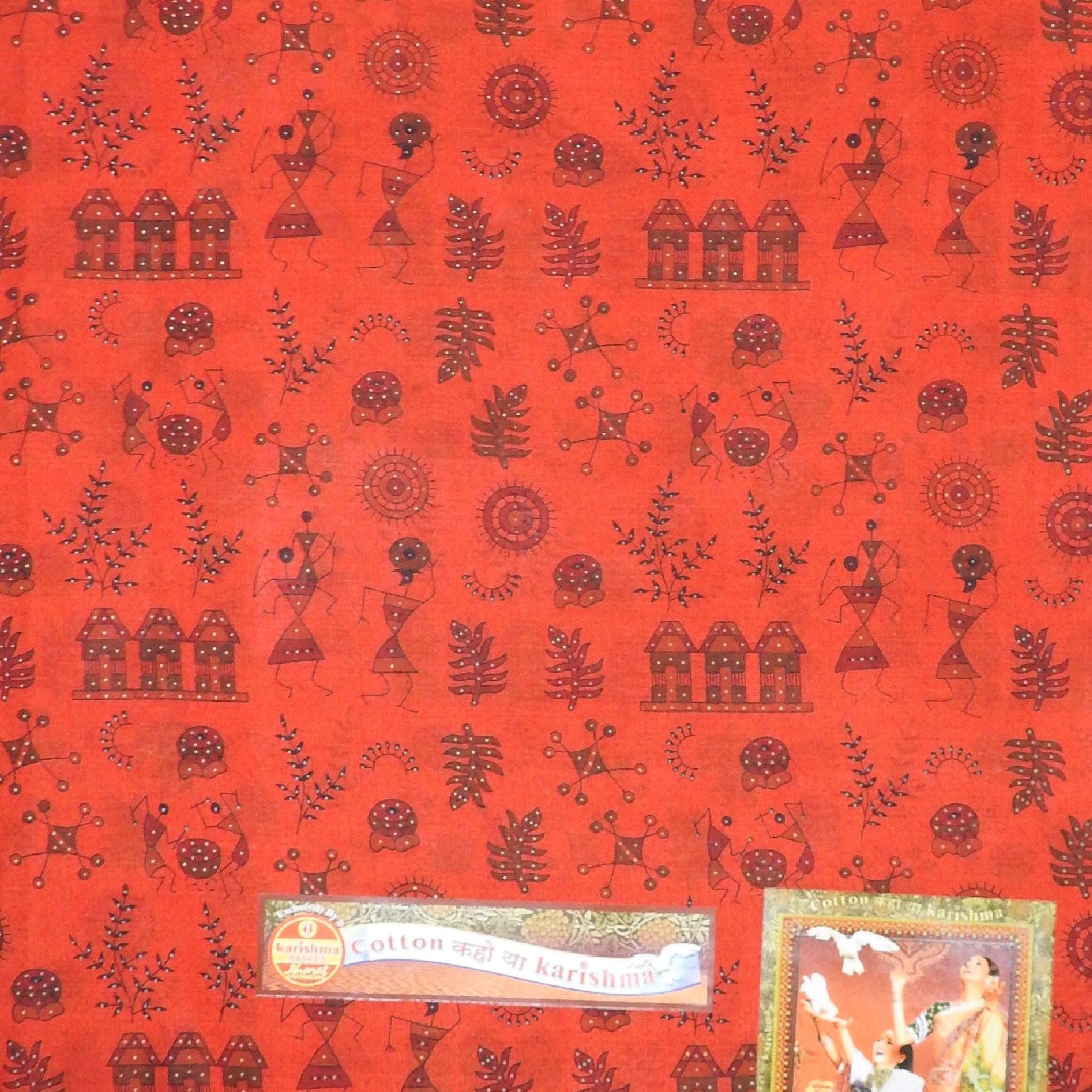 Red Traditional Warli Design Printed Pure Mulmul Cotton Saree - Shop Karishma