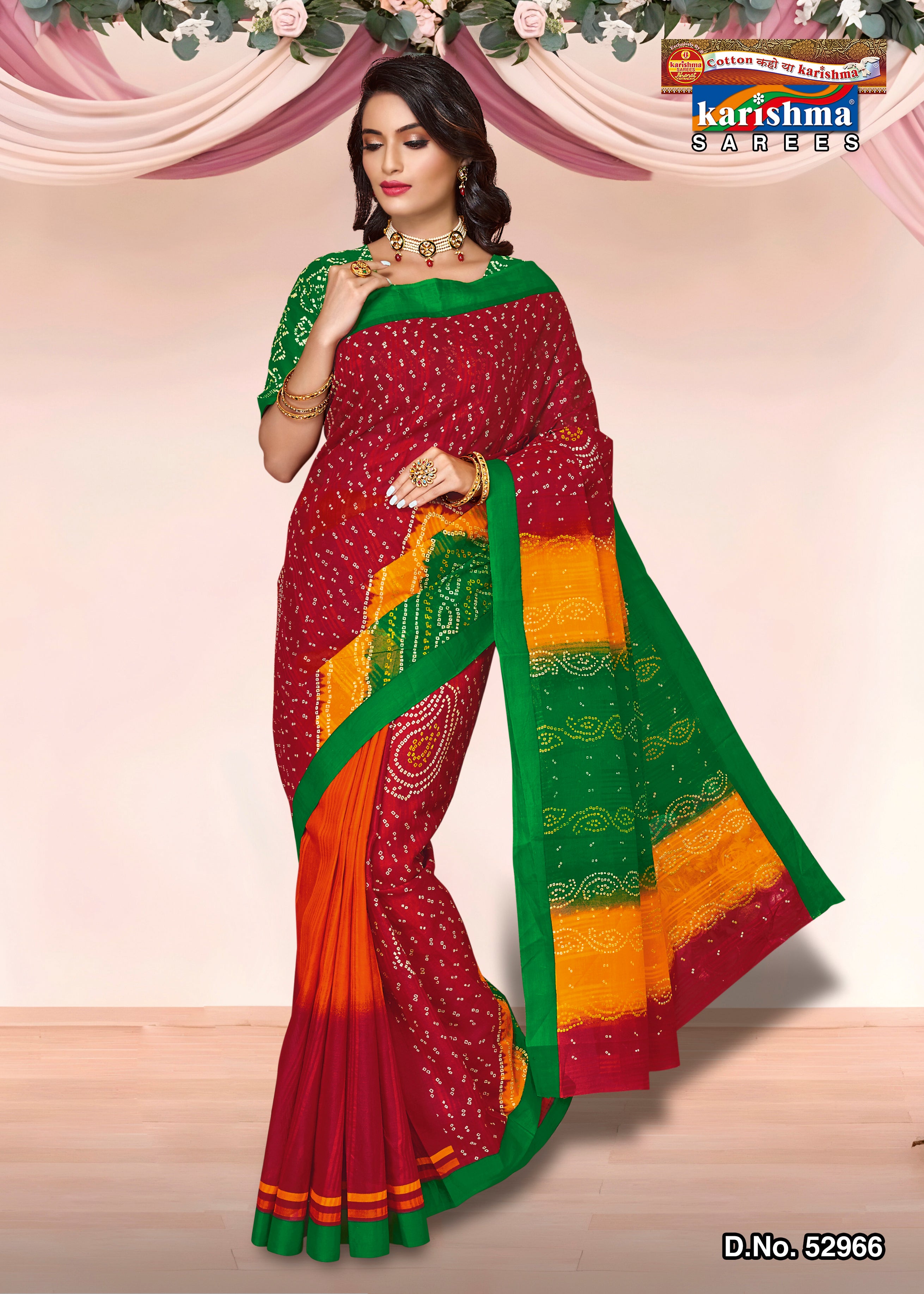 Traditional Gujarati Red Yellow Bandhani Design Printed Pure Soft Mulmul Cotton Saree