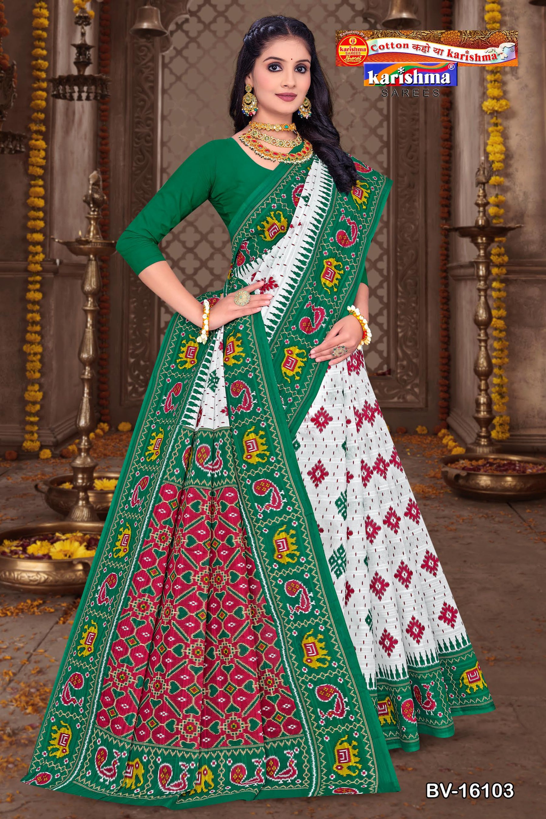 Green Traditional Gorgeous Pure Cotton Mulmul (Stiff) Saree With Ikat Design