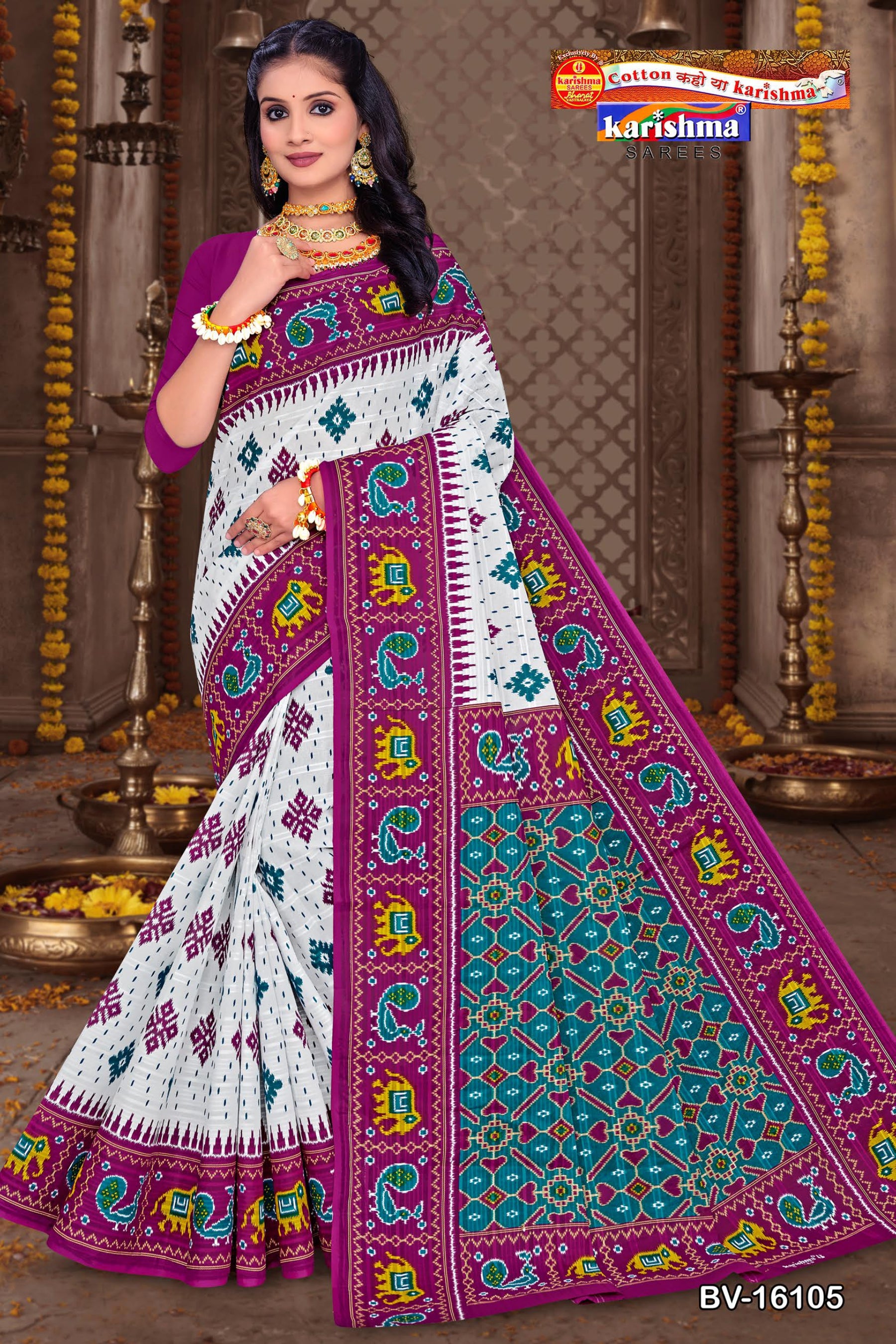 Purple Traditional Gorgeous Pure Cotton Mulmul (Stiff) Saree With Ikat Design