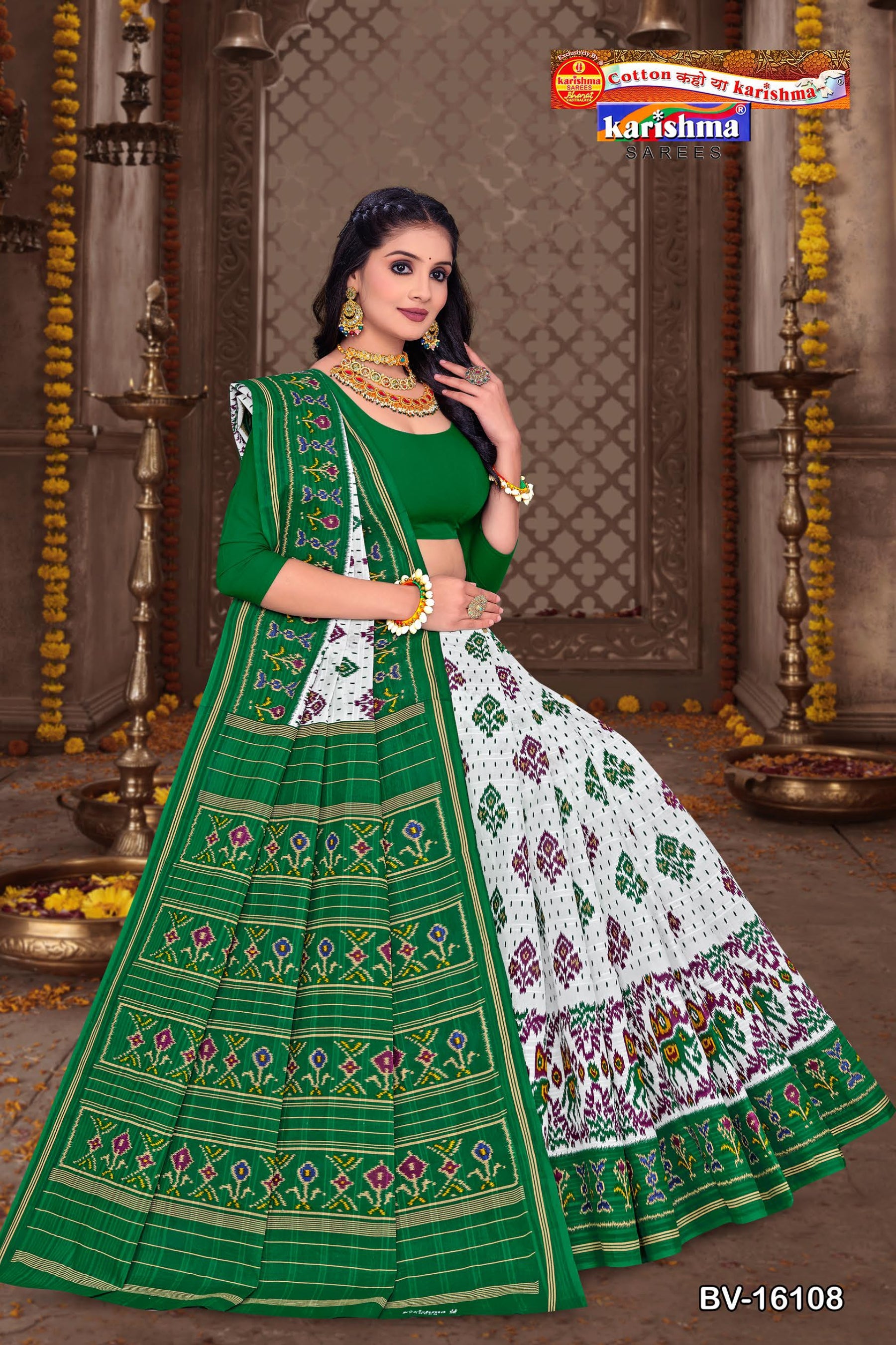 Green Traditional Gorgeous Pure Cotton Mulmul (Stiff) Saree With Ikat Design