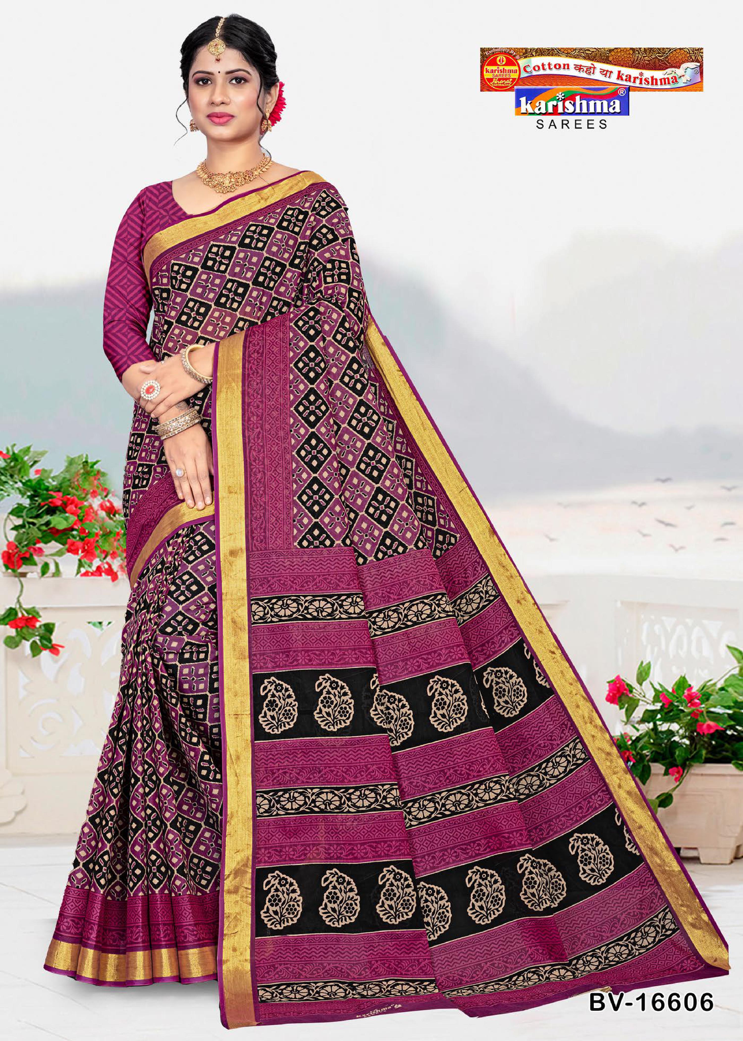 Black and Purple Pure Cotton (Stiff) Mulmul Saree With Ajark Print And Golden Border