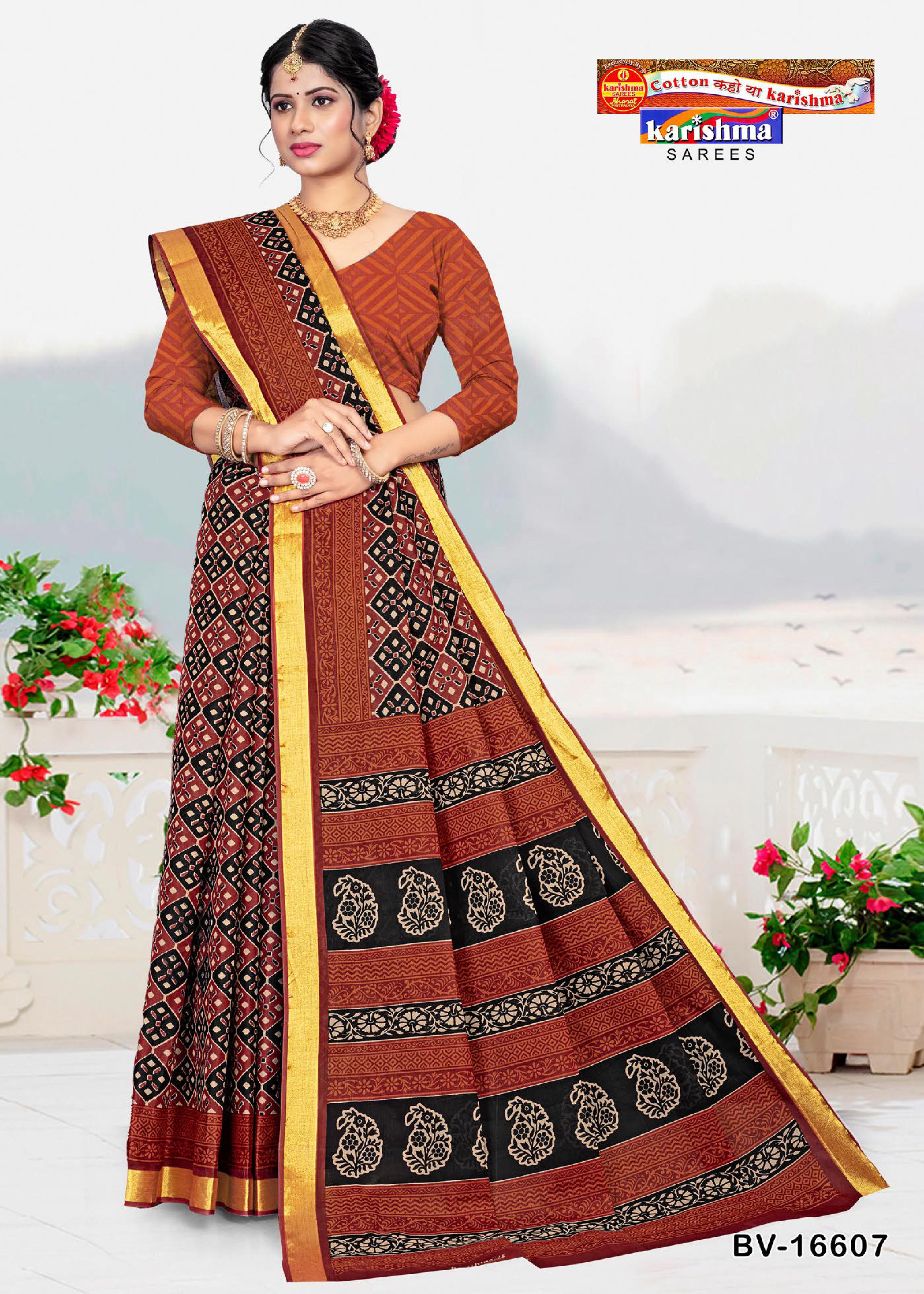 Black and Maroon Pure Cotton (Stiff) Mulmul Saree With Ajark Print And Golden Border