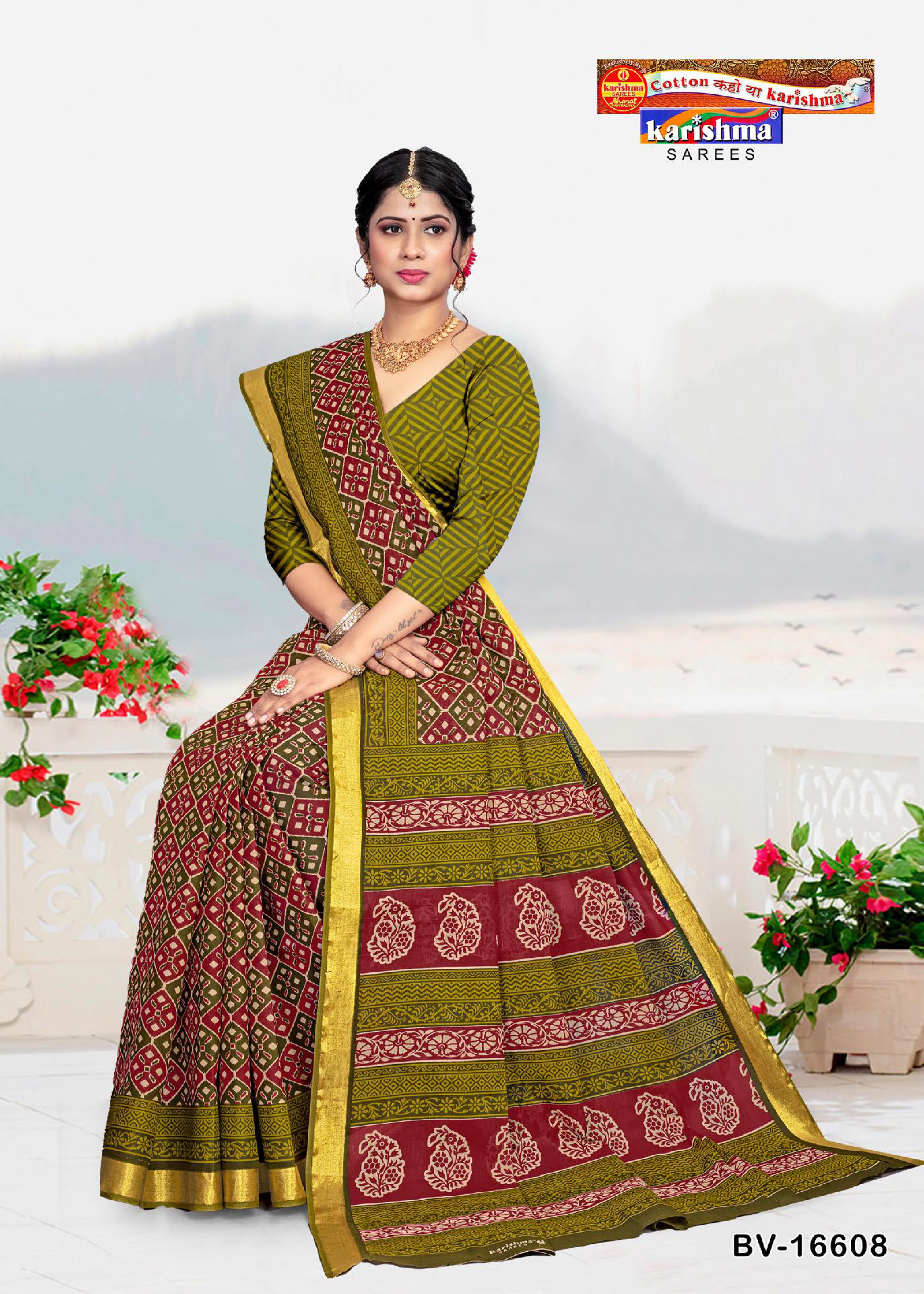 Black And Olive Pure Cotton (Stiff) Mulmul Saree With Ajark Print And Golden Border