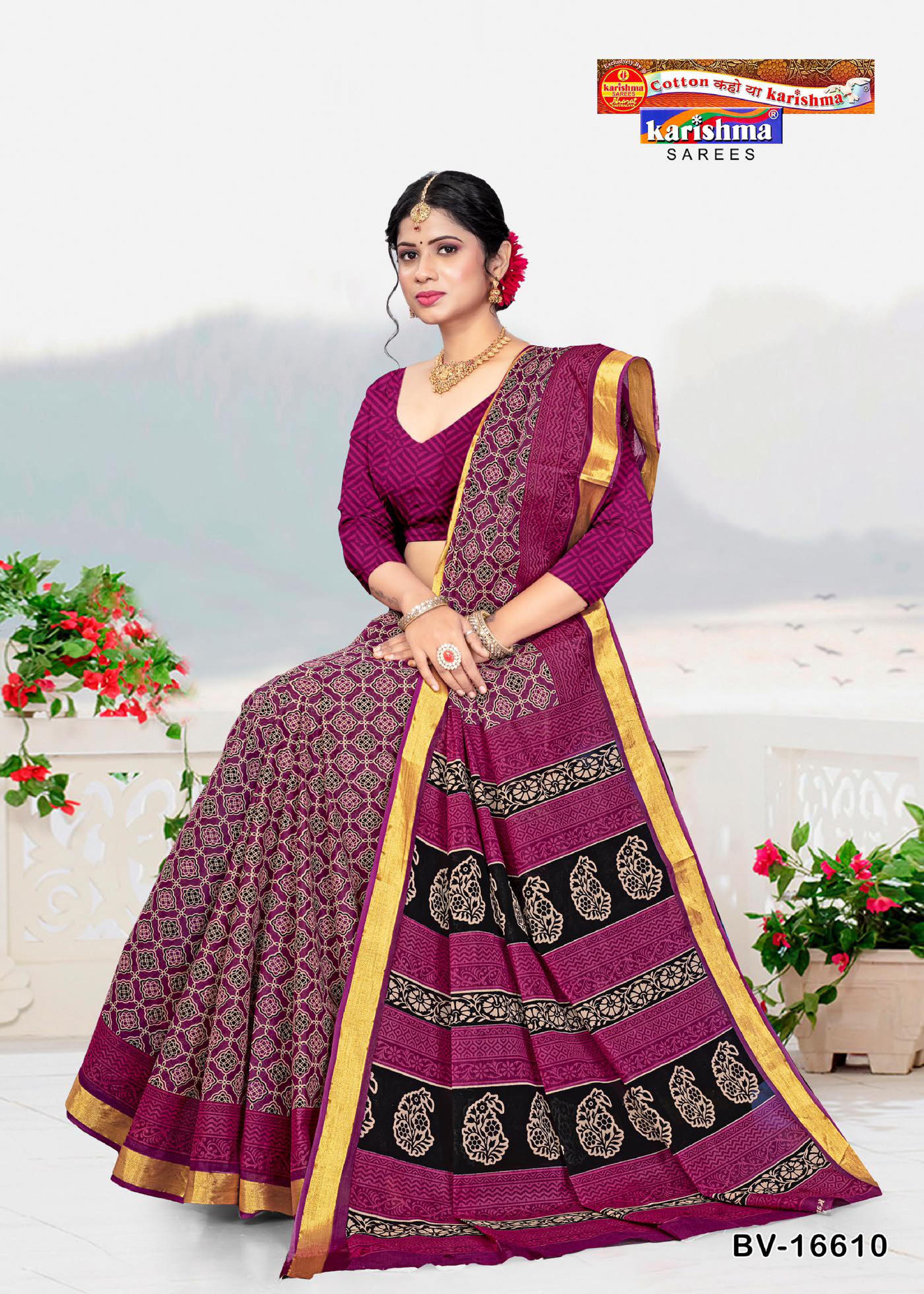 Black And Purple Pure Cotton (Stiff) Mulmul Saree With Ajark Print And Golden Border (Copy)