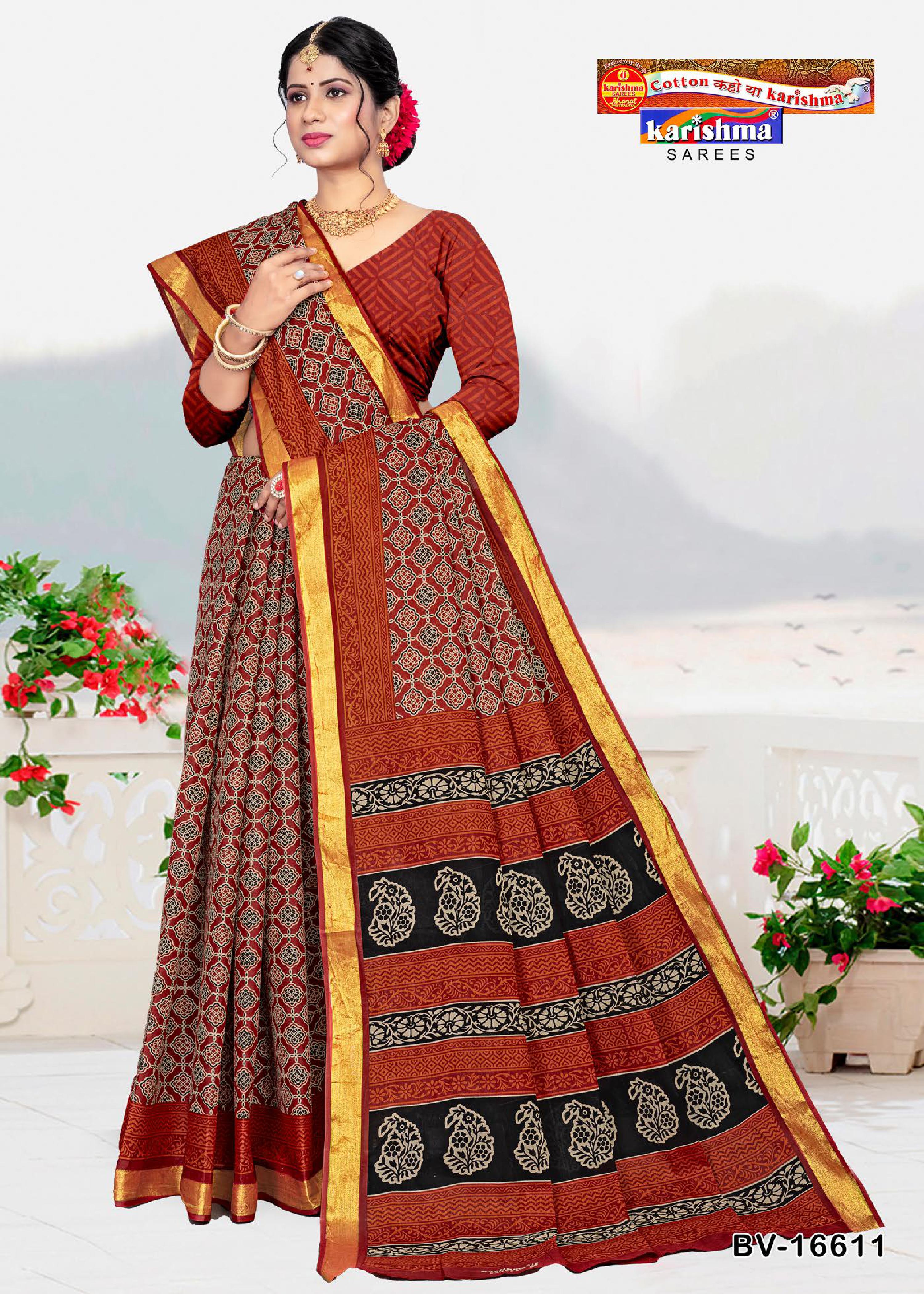 Black And Brown Pure Cotton (Stiff) Mulmul Saree With Ajark Print And Golden Border