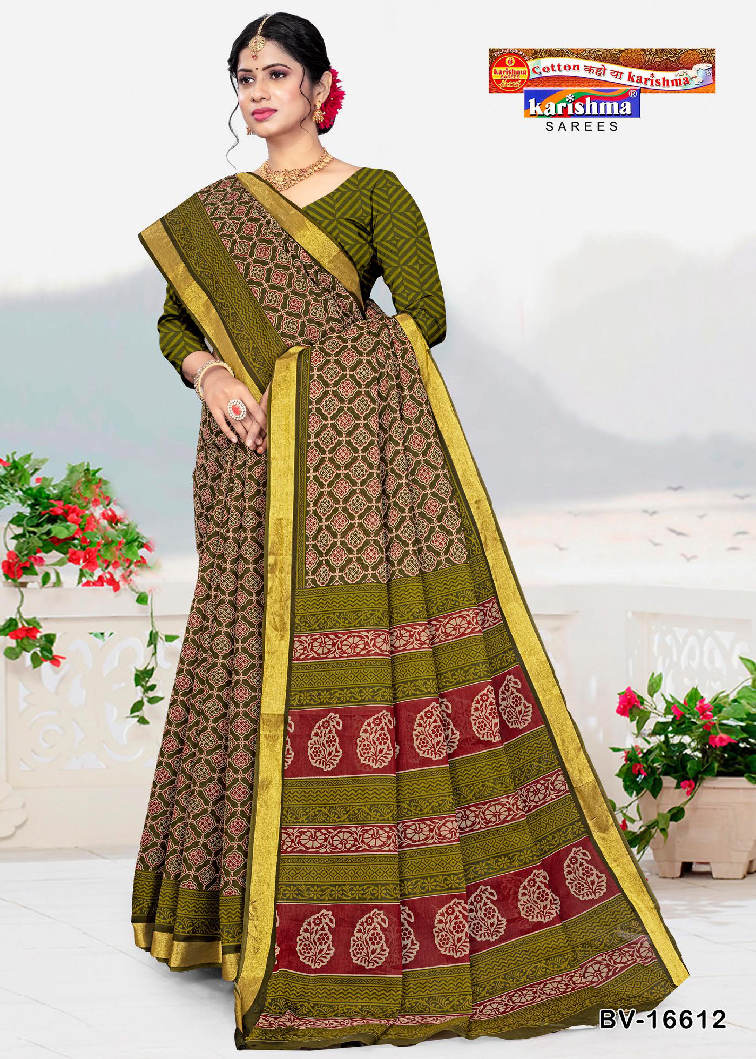 Black And Olive Pure Cotton (Stiff) Mulmul Saree With Ajark Print And Golden Border